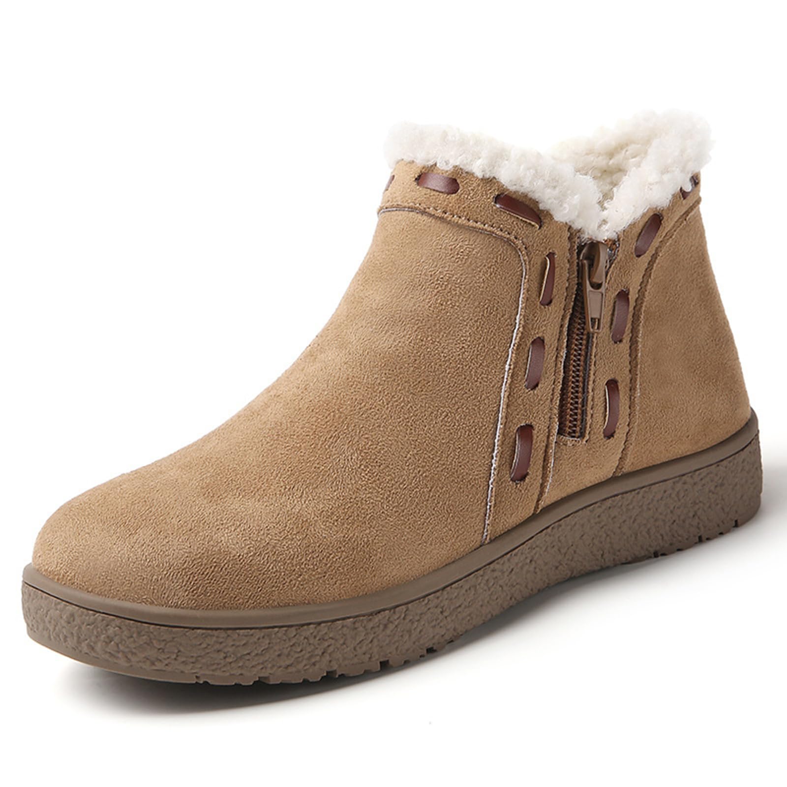 Womens Suede Flat Snow Boots with Side Zip Comfortable Round Toe Non-Slip Fur Lining Platform Ankle Boot Outdoor