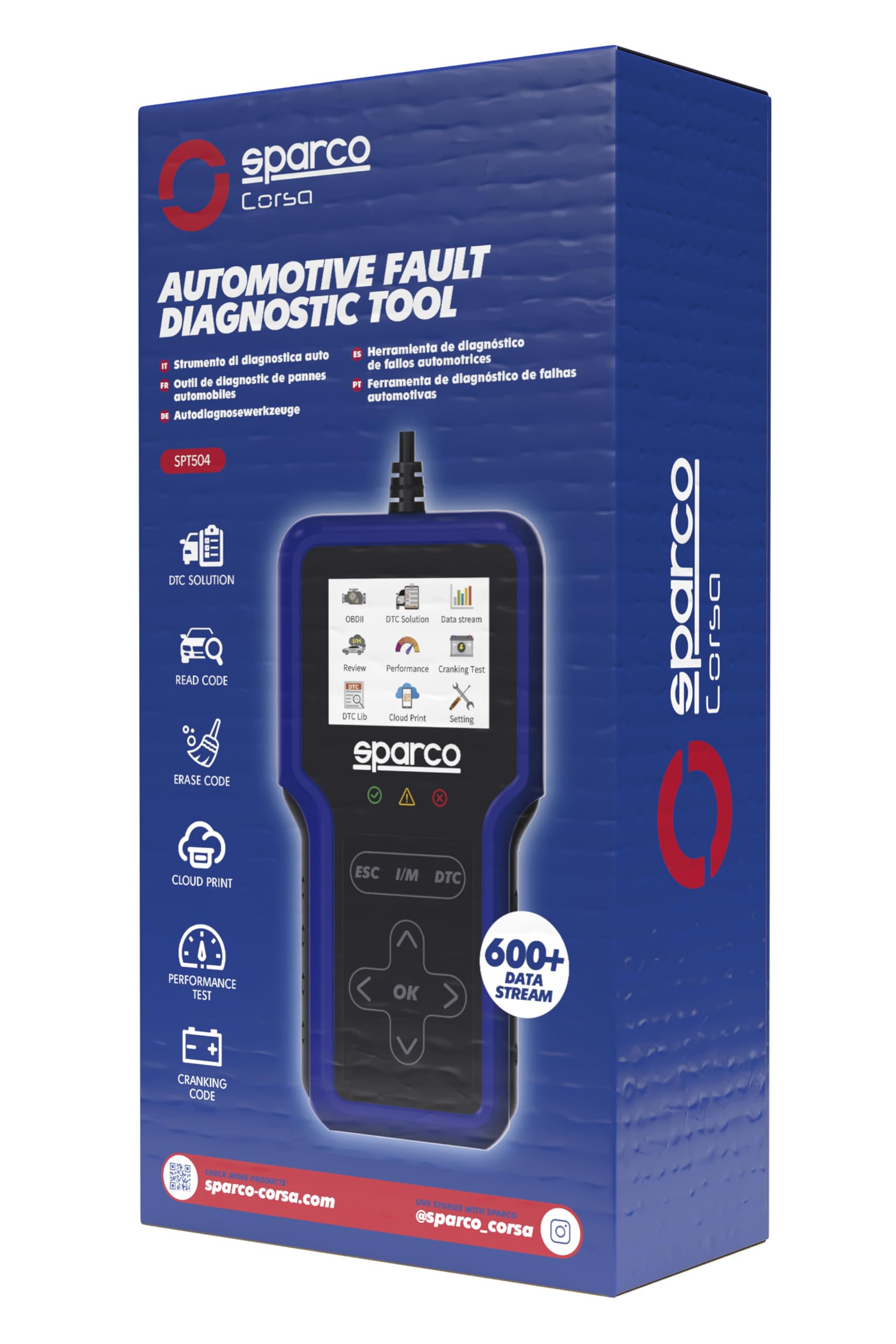 Sparco Dispositif de Diagnostic Automobile OBD2 Scanner Lecteur de Codes d'erreur Moteur et Transmission avec Test de Batterie et émissions I/M Readiness Multilingue pour véhicules à Essence