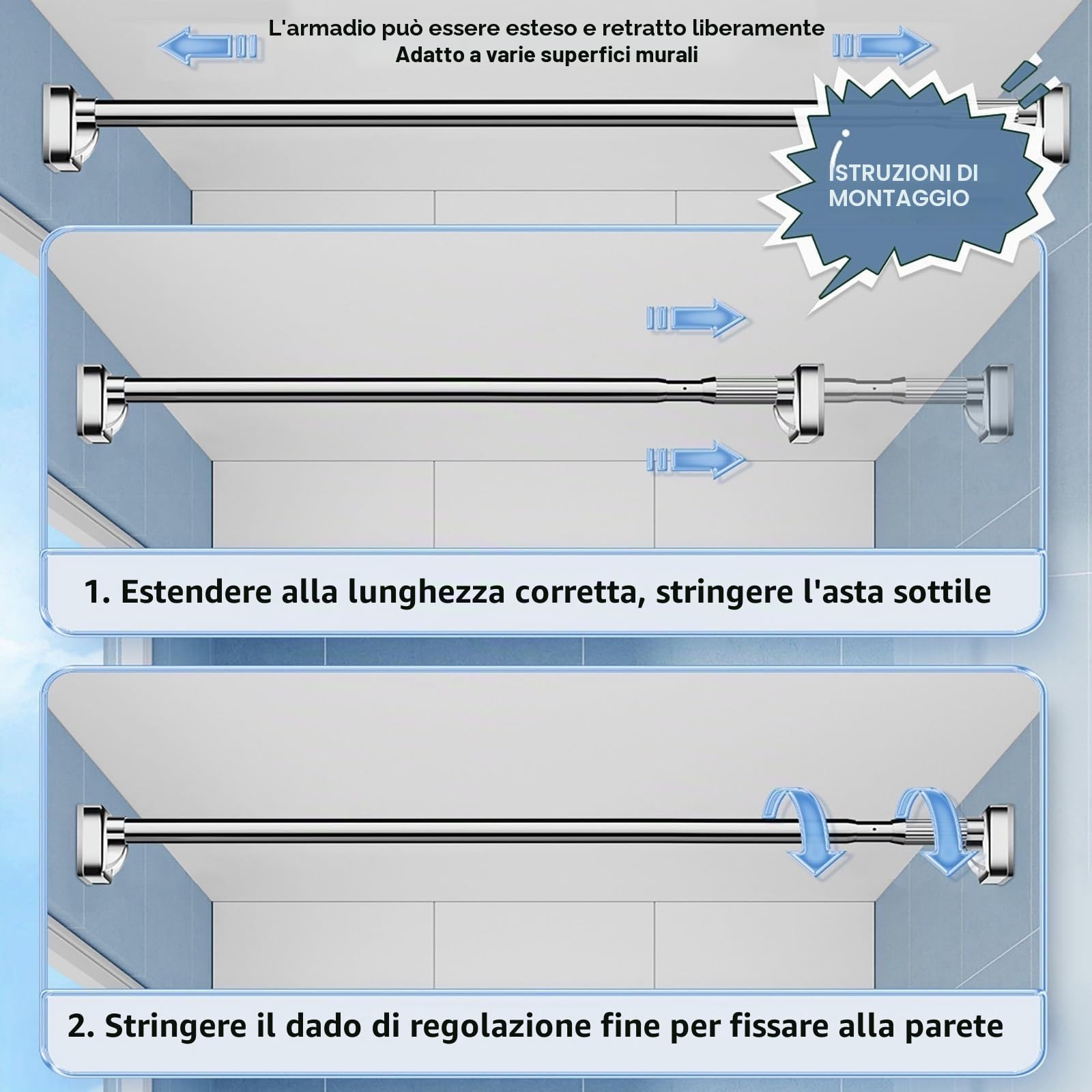 Bastone tenda senza fori, 410-500 cm, 360-450 cm, 310-400 cm, antiscivolo, telescopico, per bagno, armadietti e finestre