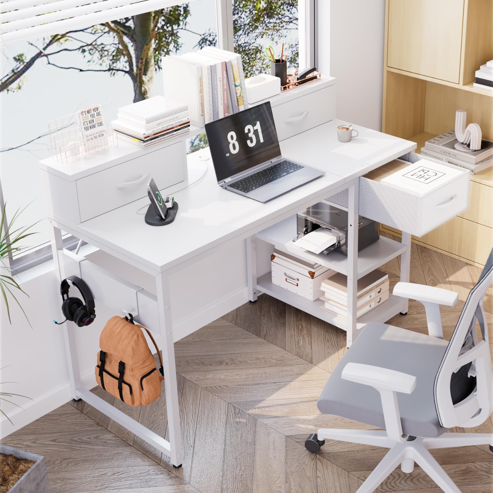 Devoko Escritorio con Cajones con Estante Reversible, Escritorio Ordenador con Almacenamiento, Soporte para Monitor, Orificio para Cables, 2 Estantes Ajustables y Cajón Inferior, 120 x 50 cm, Blanco