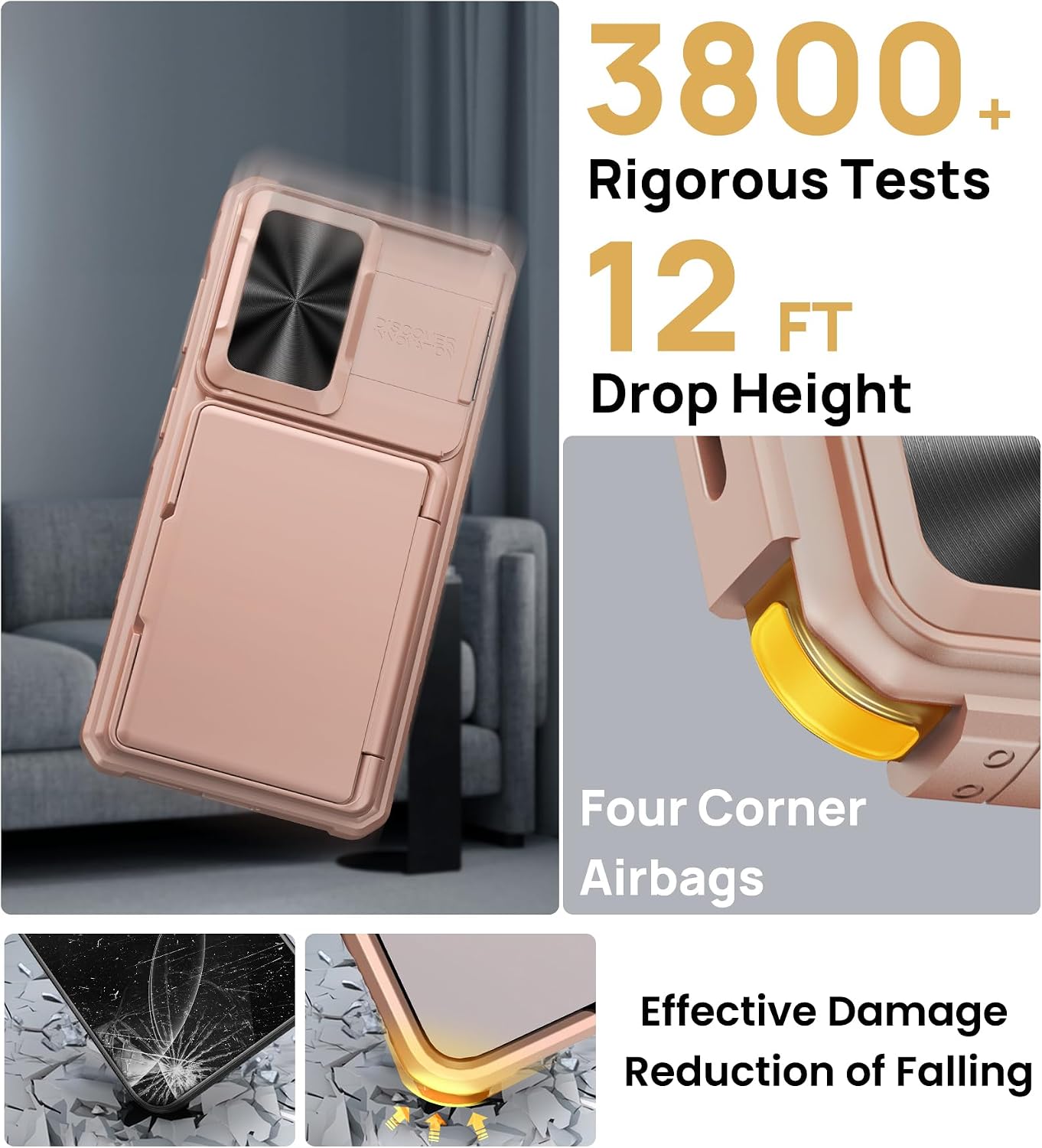 SSLOTSCASE for Samsung Galaxy S26 Wallet Case with Stand, Sliding Camera Cover & Raised Edges Protection & Card Holder [RFID Blocking], Rugged Shockproof Phone Cover Case for Galaxy S26, Rose Gold