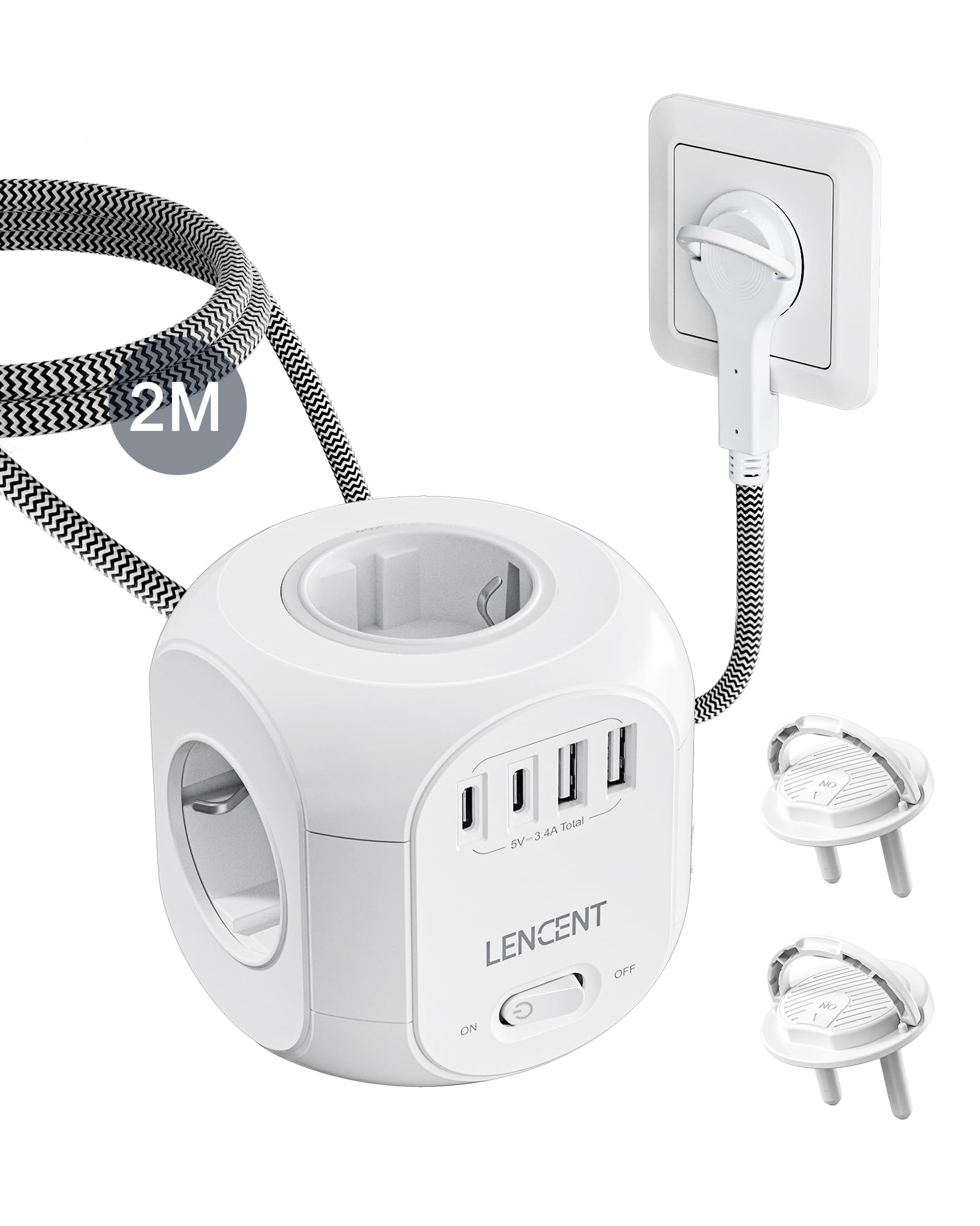LENCENT Cubo Regleta Enchufes 2M con Enchufe Plano Regleta para Uso Interior, Regleta Enchufes Plano con 4 Tomas de CA, 3 USB, 1 Tipo C y 2 Cubiertas Protectoras para Familia, Cocina y Oficina