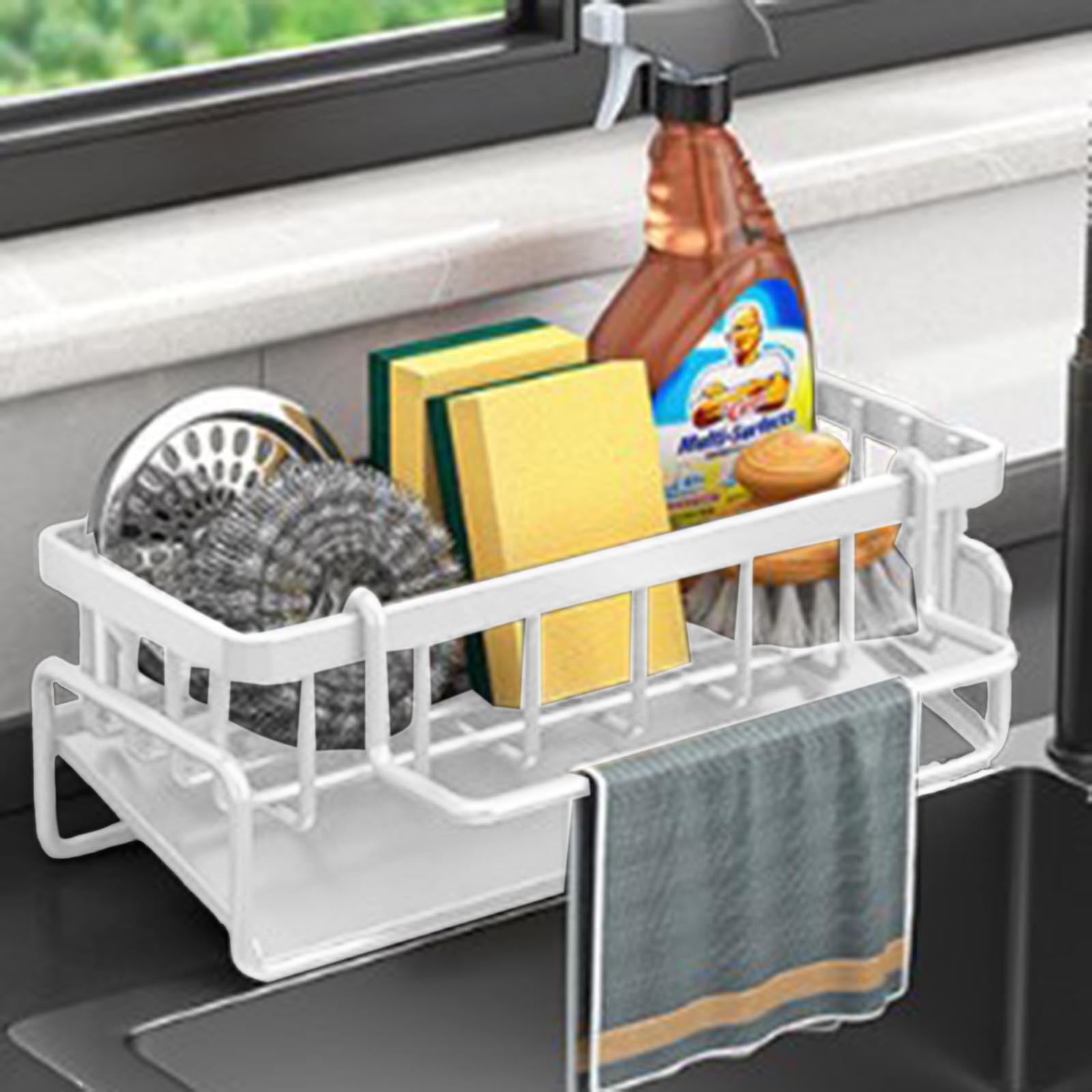 Sink Sponge Holder Rustproof 304 Stainless Steel Sponge Caddy for Kitchen Sink with High Brush Holder Self Drain