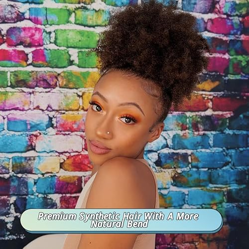 Miniatura 2 de ISWEET Cola de caballo afro con cordón, extensiones de moño afro rizado, cabello sintético castaño oscuro, extensiones de cabello corto afro hacia