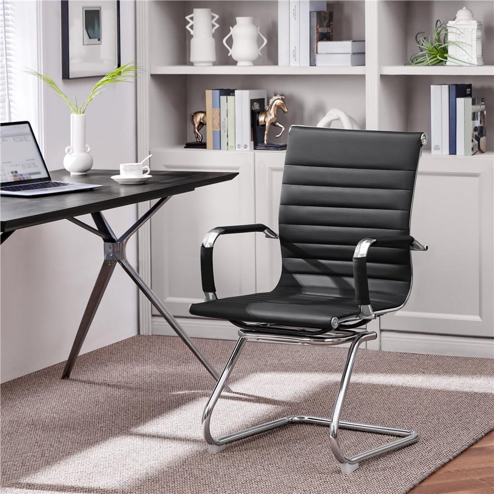 Yaheetech 2 Sillas de Oficina Silla de Recepción Ergonómicas en Negro | Tapizado en Polipiel, Diseño Moderno, Reposabrazos Integrados, Base Metálica, para Oficina, Sala de Espera y Reuniones