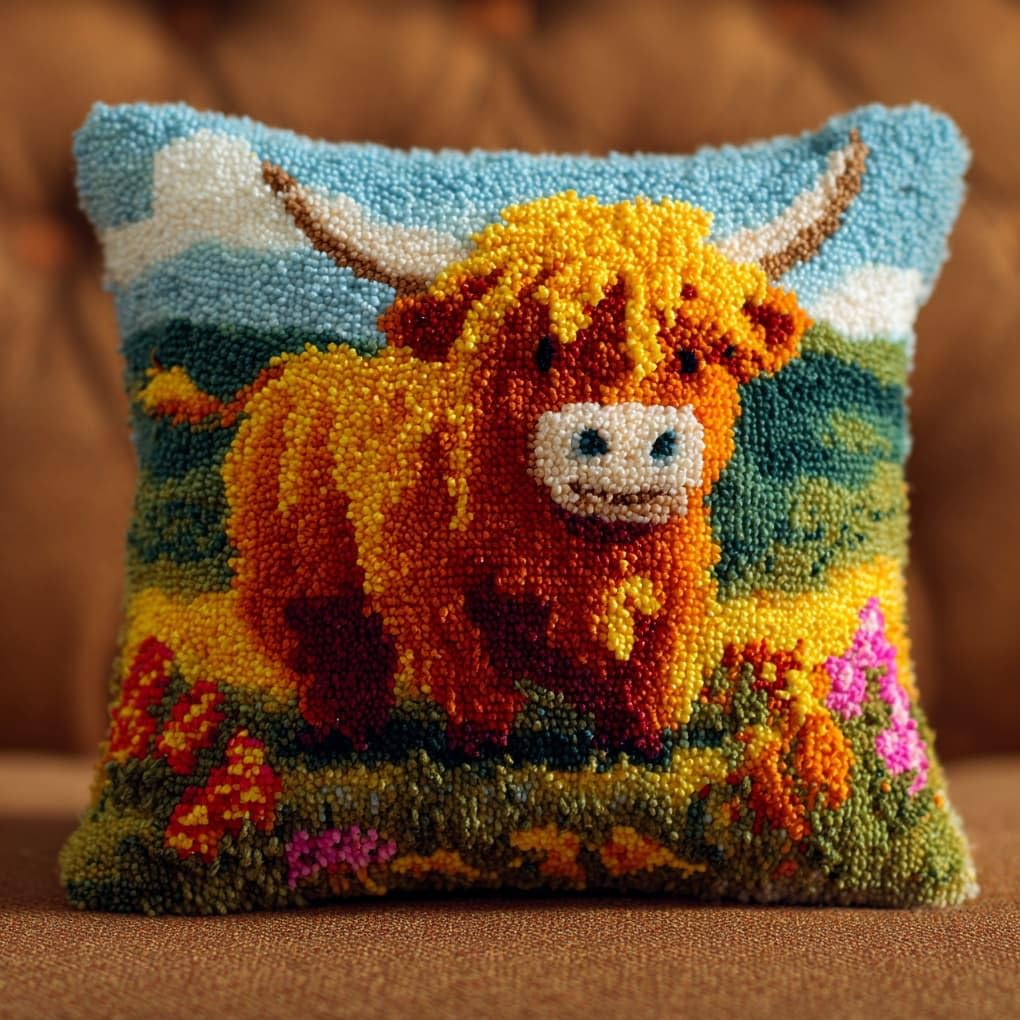 Henypt 43x43cm Latch Hook Rug Kit,Highland Cattle in the Flowerbed Beginner DIY Crochet Craft Set,Soft Yarn Cushion Kit for Living Room Sofa Decoration