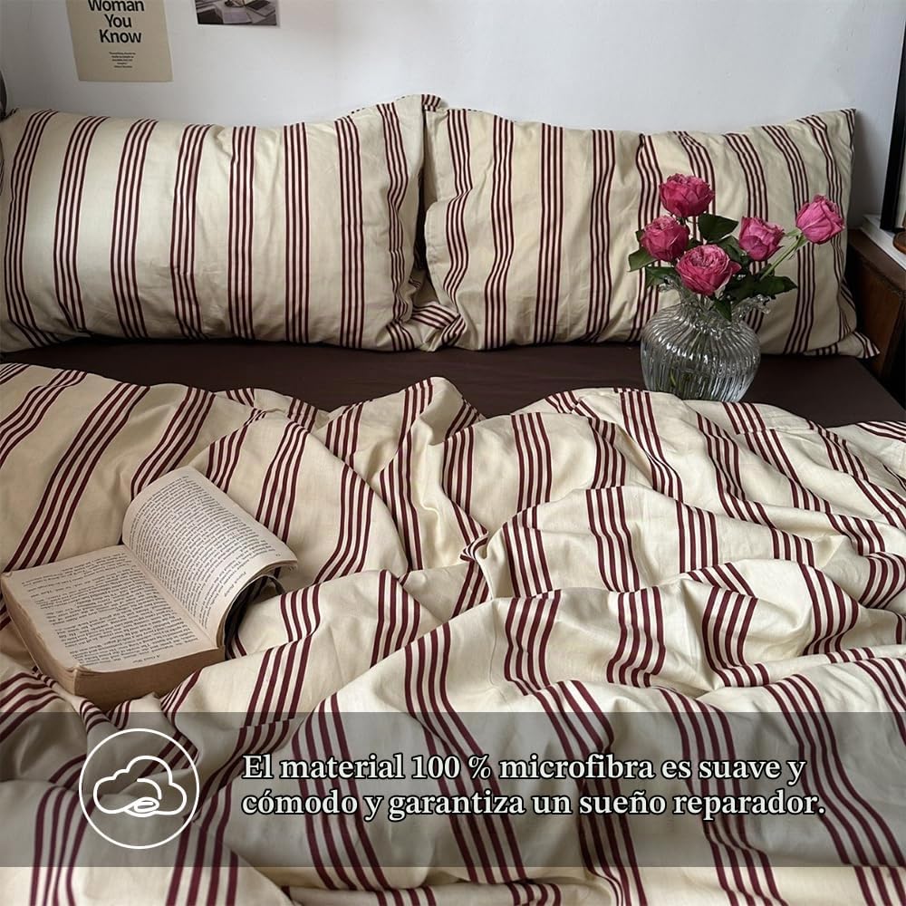 Freyamy - Funda nórdica de 220 x 240 cm, diseño de rayas, color rojo y beige, juego de cama para 2 personas y niñas, con cierre de cremallera, con 2 fundas de almohada de 65 x 65 cm