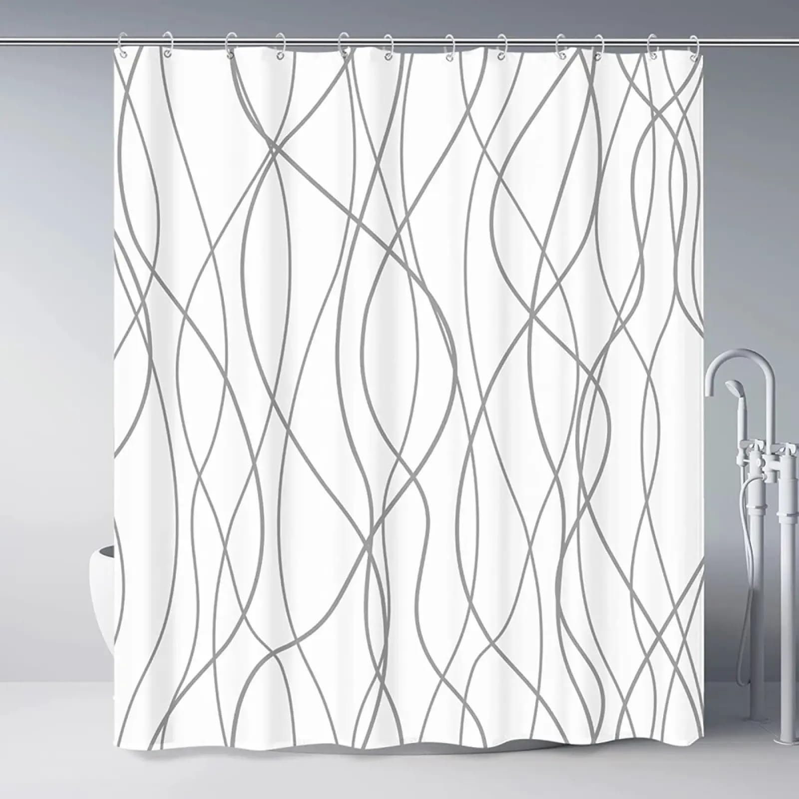 HNBFKD Grey and White Stripes Fabric Shower Curtain Waterproof Bathroom Partition Decorative With Plastic Hook Bathroom Curtains Decor 200x210cm/79x83in(WxH)