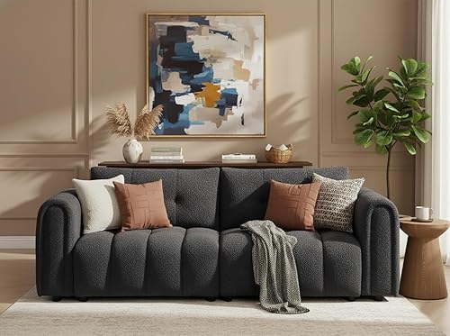 Miniatura 9 de Sofás de nube modernos de mediados de siglo de 91.5 pulgadas, cómodo sofá boucle con brazos enrollados y almohadas suaves, sofá biplaza tapizado de