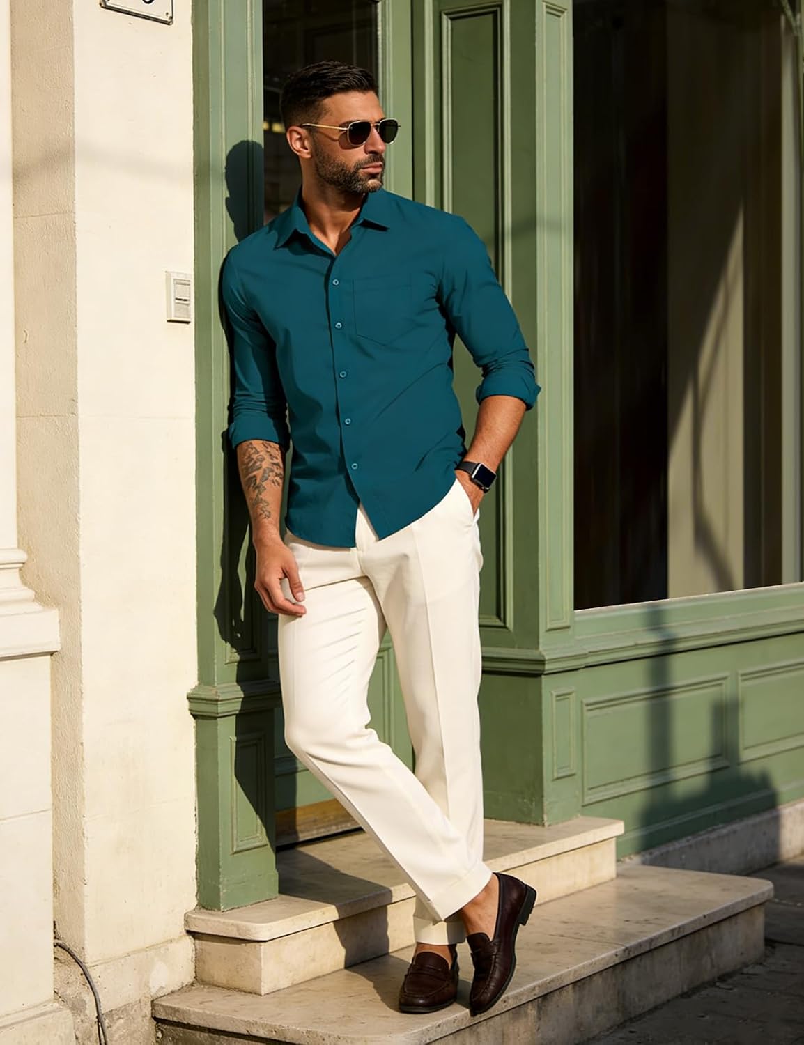 DiBanGu Long Sleeve Button Up Shirts for Men Casual Business Shirt with Pocket Solid Regular Fit Shirts for Formal Wedding