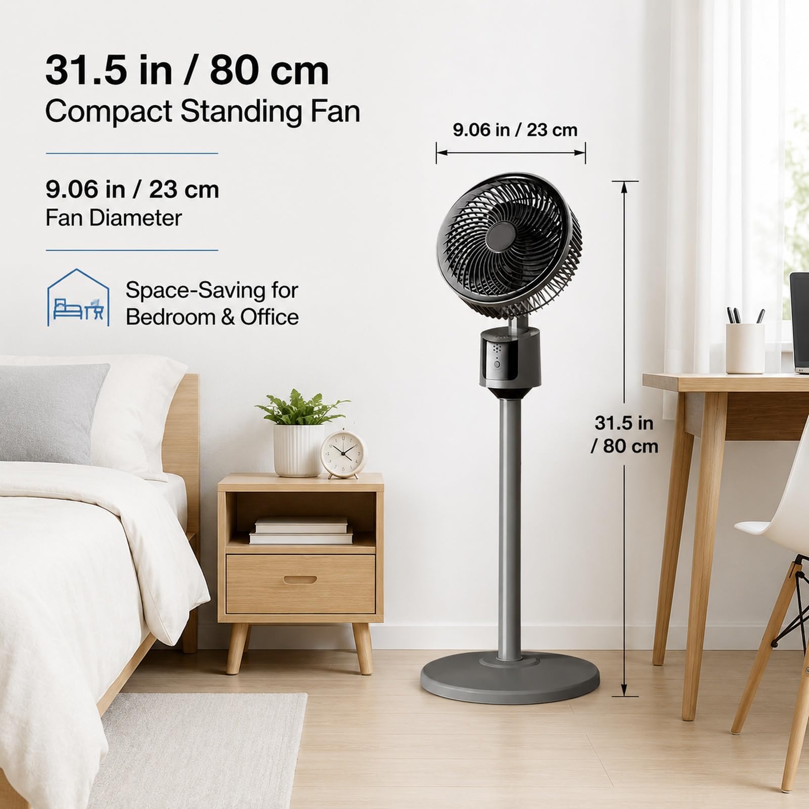 Ventilatore da terra da 30 dB per camera da letto, ventilatore USB da pavimento, 80 cm, 3 modalità, flusso d'aria 5 m, griglia protettiva e base a punta, per ufficio, dormitorio, camera da