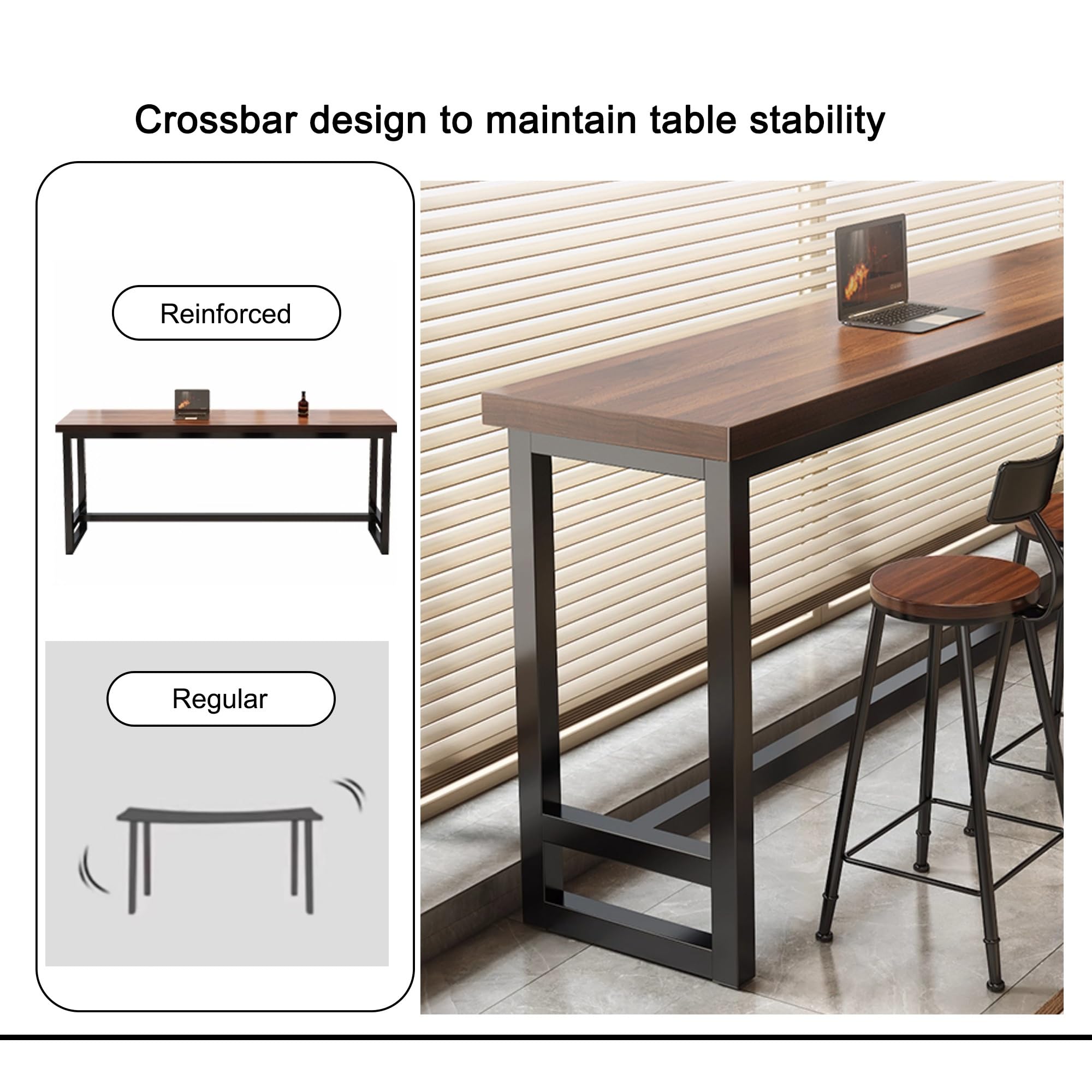 Mesa Alta Bar Rectangular Mesa Auxiliar Cocina Estrecha con Estructura de Metal para Cocina Cafetería Comedor Sala de Estar(Walnut,160x40x105cm)