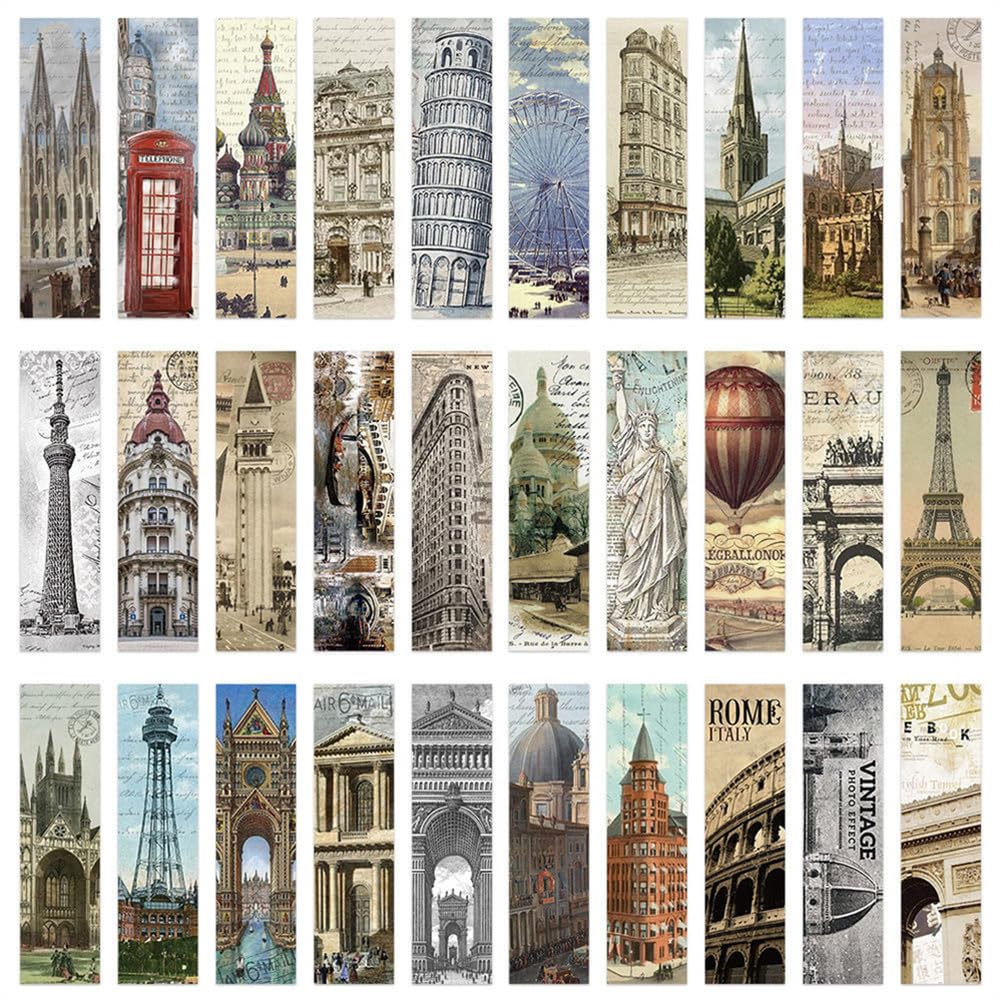 Meecaa 30 PCS Reading Bookmarks, Literary Art Paper Book Marks, Colorful Creative Book Accessories, Great Gifts for Book Lovers Woman Man, Students Reading Fans Reading Lovers (Buildings)