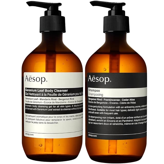 Aesop Geranium Leaf Body Cleanser Shampoo Set Refreshing Botanical Body Wash and Daily Shampoo for All Hair Types