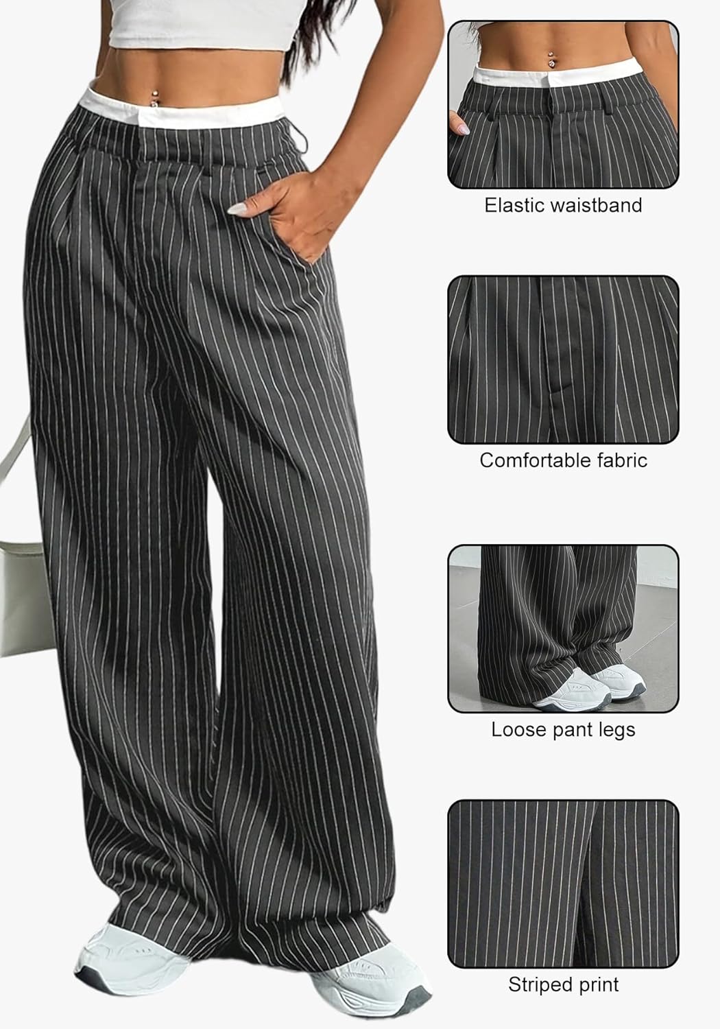LKOUS Women's High Waisted Dress Pants Stretchy Wide Leg Striped Trousers Casual Work Office Pants with Pockets - Image 4