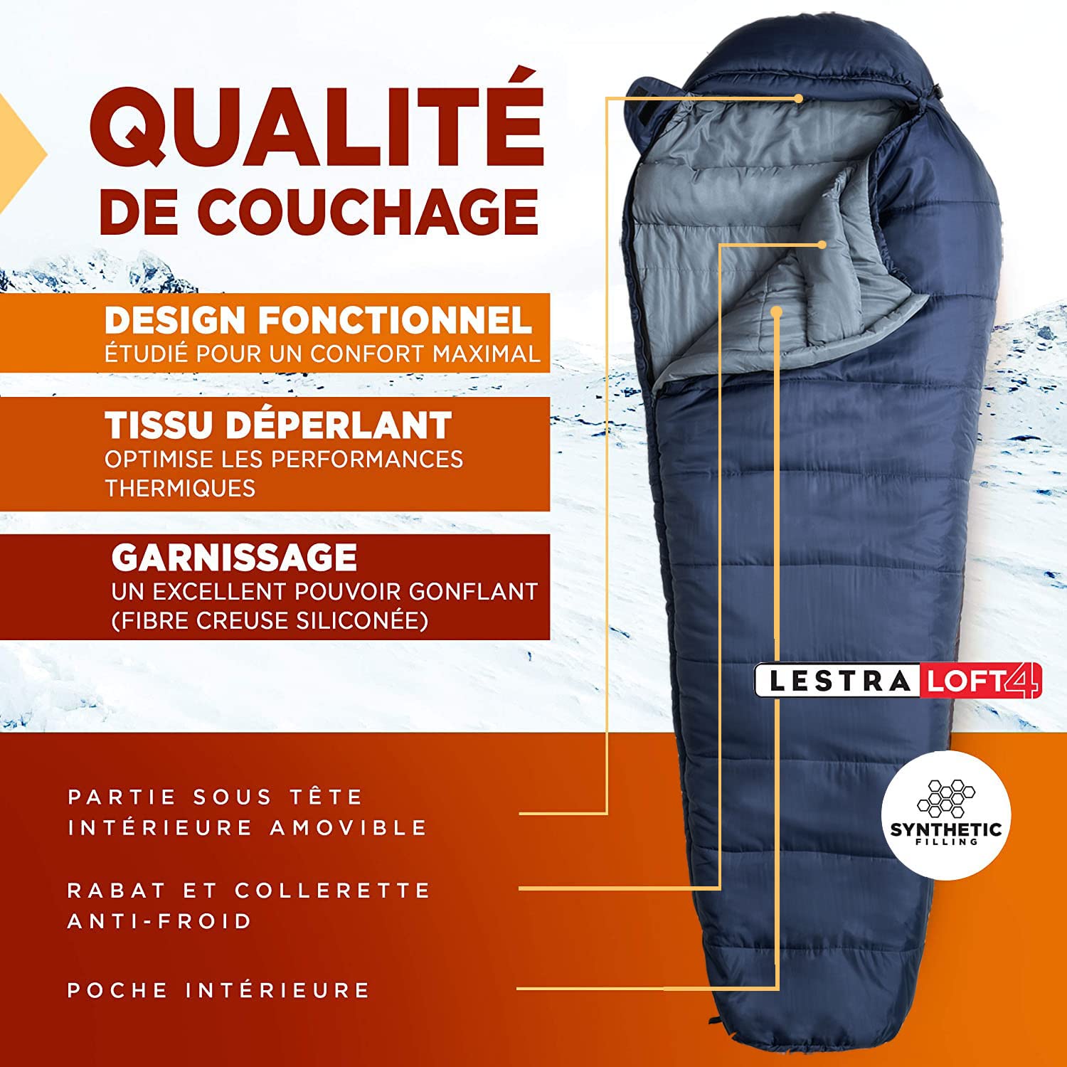 Lestra Sport ­ Mont Everest 220 - Sac de Couchage Toutes Saisons - T° Limit Confort -05°C - Confortable & Performant - Adulte - 220 x 80 cm - 1,850kg