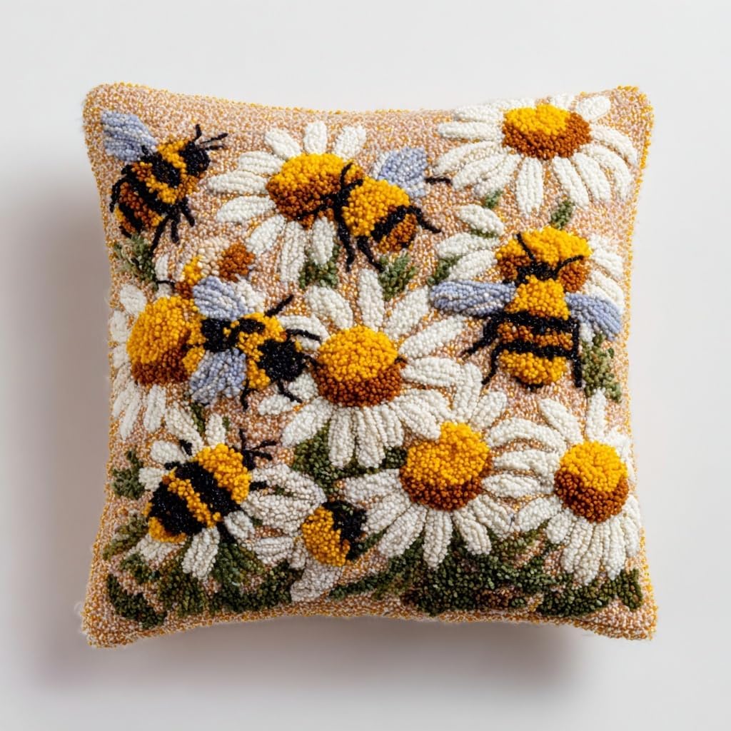 Latch Hook Pillow Kit Yellow Bees and Many Daisy Flowers Printed Pillow Cover DIY Crochet Yarn Hooking Pillowcase for Hobby and Home Decor 43x43cm