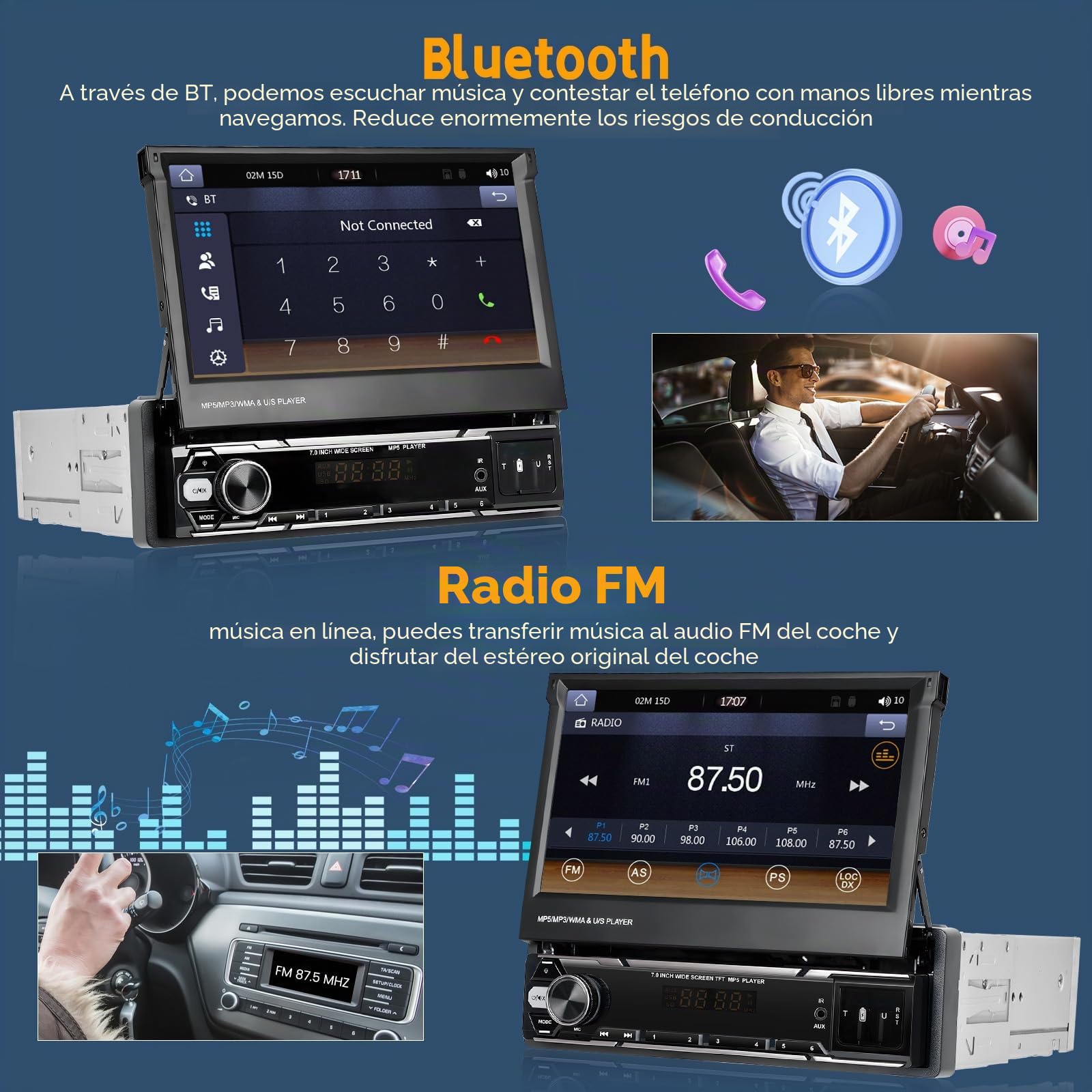 Hikity Radio de Coche 1 DIN con Pantalla Retráctil de 7 Pulgadas Inalámbrica Carplay Pantalla Radio 1 DIN con Bluetooth Android Auto EQ FM AUX USB Mirror Link Cámara de Visión Trasera