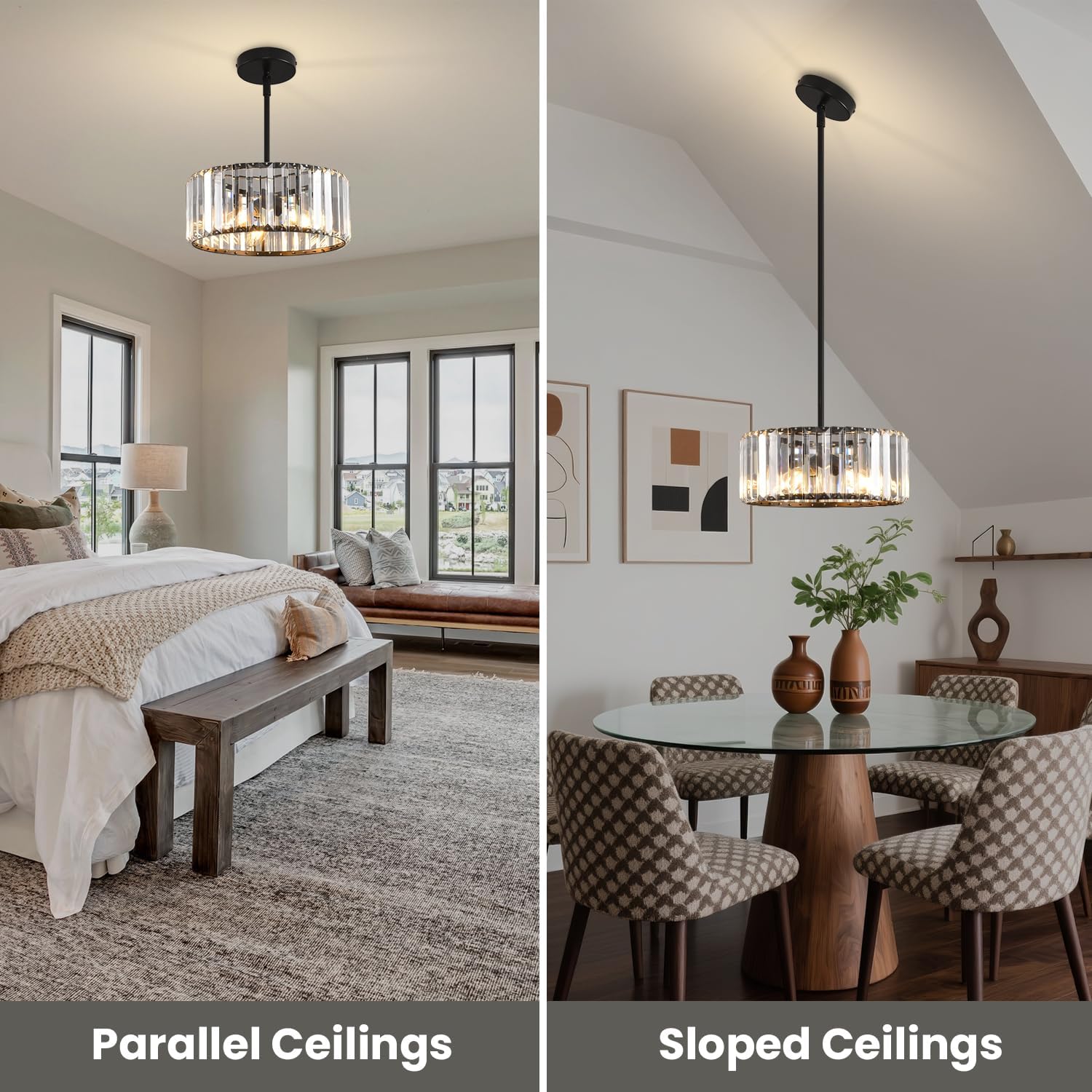 Black Crystal Chandelier Industrial Pendant Light 11.81 inch Modern Vintage Semi Flush Mount Ceiling Light Fixture for Kitchen Island Living Room Dining Room Bedroom