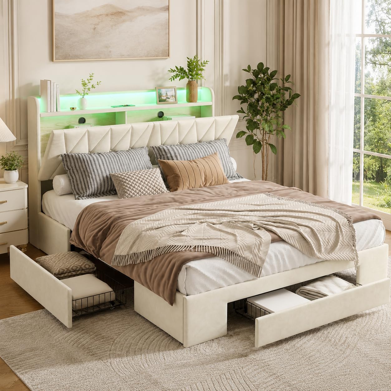 Letto imbottito con 3 cassetti, testiera, letto matrimoniale, 160 x 200 cm, letto matrimoniale funzionale con vano portaoggetti, letto imbottito con rete a doghe (beige + velours-A, 160 x 200