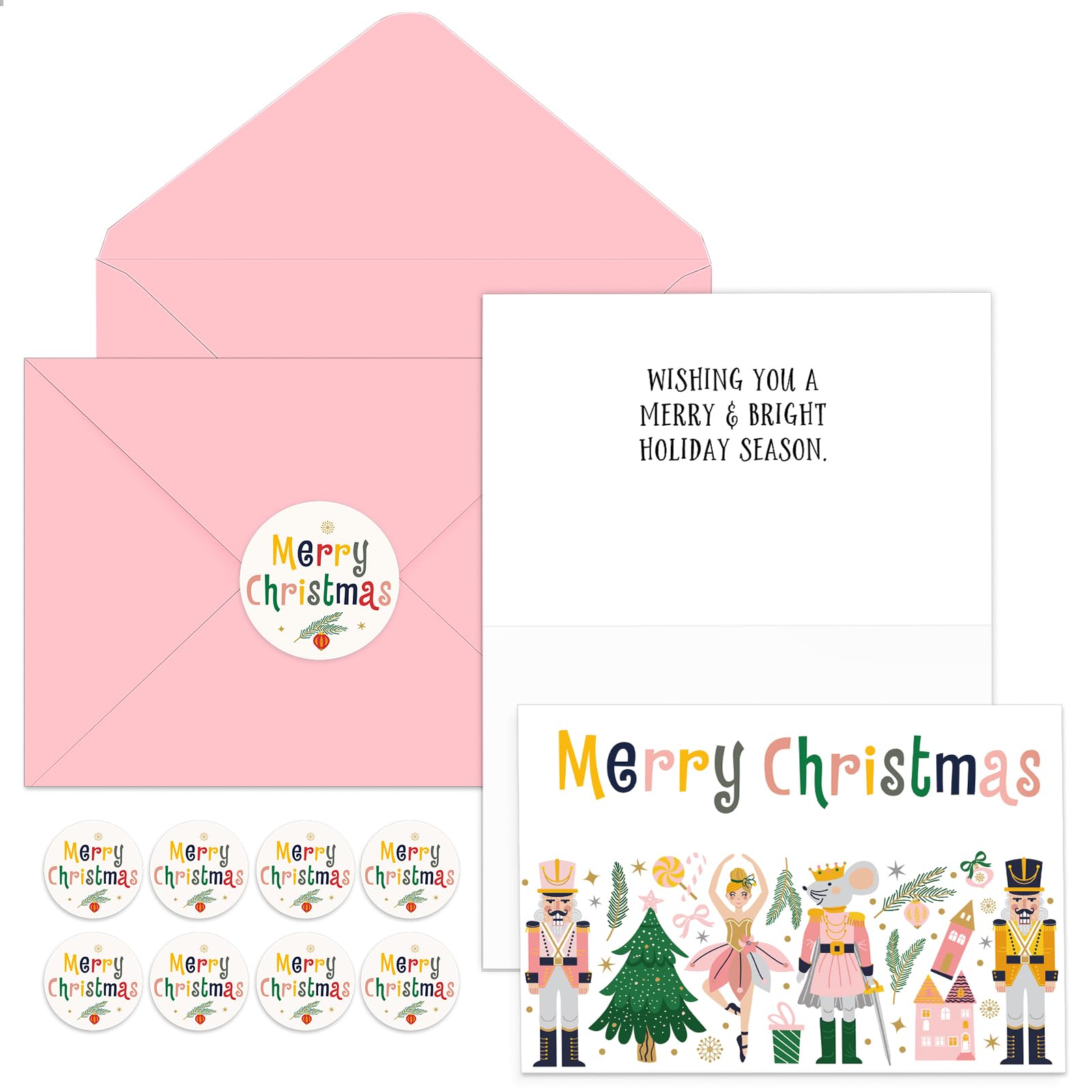 Motiskyy 25 Sets Nutcracker Christmas Cards Bulk with Envelopes and Stickers 5 x 7 Inch Pink Merry Christmas Nutcracker Cards Thank You Gift for Xmas