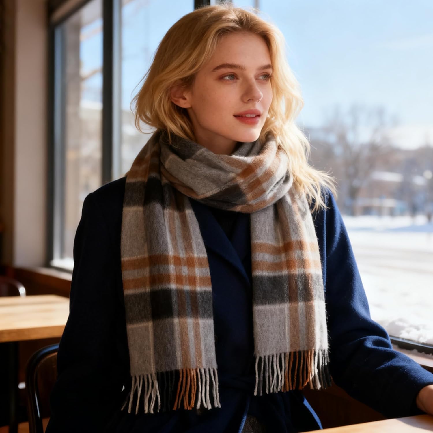 100% Cashmere Plaid Tassel Scarf for Women and Men, Winter Warm Long Scarves, Large Travel Blanket Scarf Wrap in Gift Box - Image 3