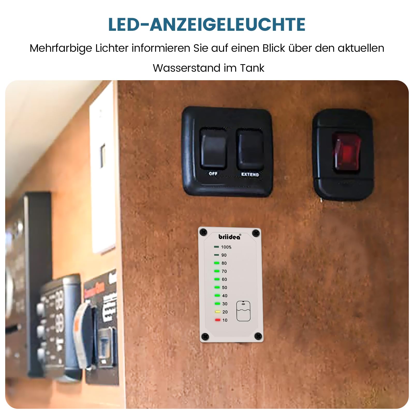 briidea HRWL-01W Wskaźnik poziomu zbiornika na świeżą wodę, ze wskaźnikiem LED, zasilany zasilaczem 7-32 V DC DC, bardzo dobrze nadaje się do samochodów kempingowych, przyczep kempingowych, biały