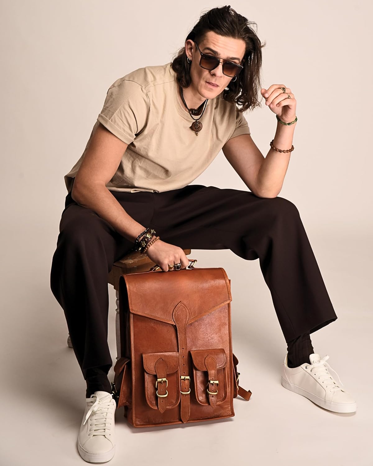 Genuine Leather Backpack for Men, 15 Inch Laptop Bag, Leather Travel Backpack for Women, Vintage Designer Bookbag, Medieval Art Rucksack for College, Work & Hiking - Brown