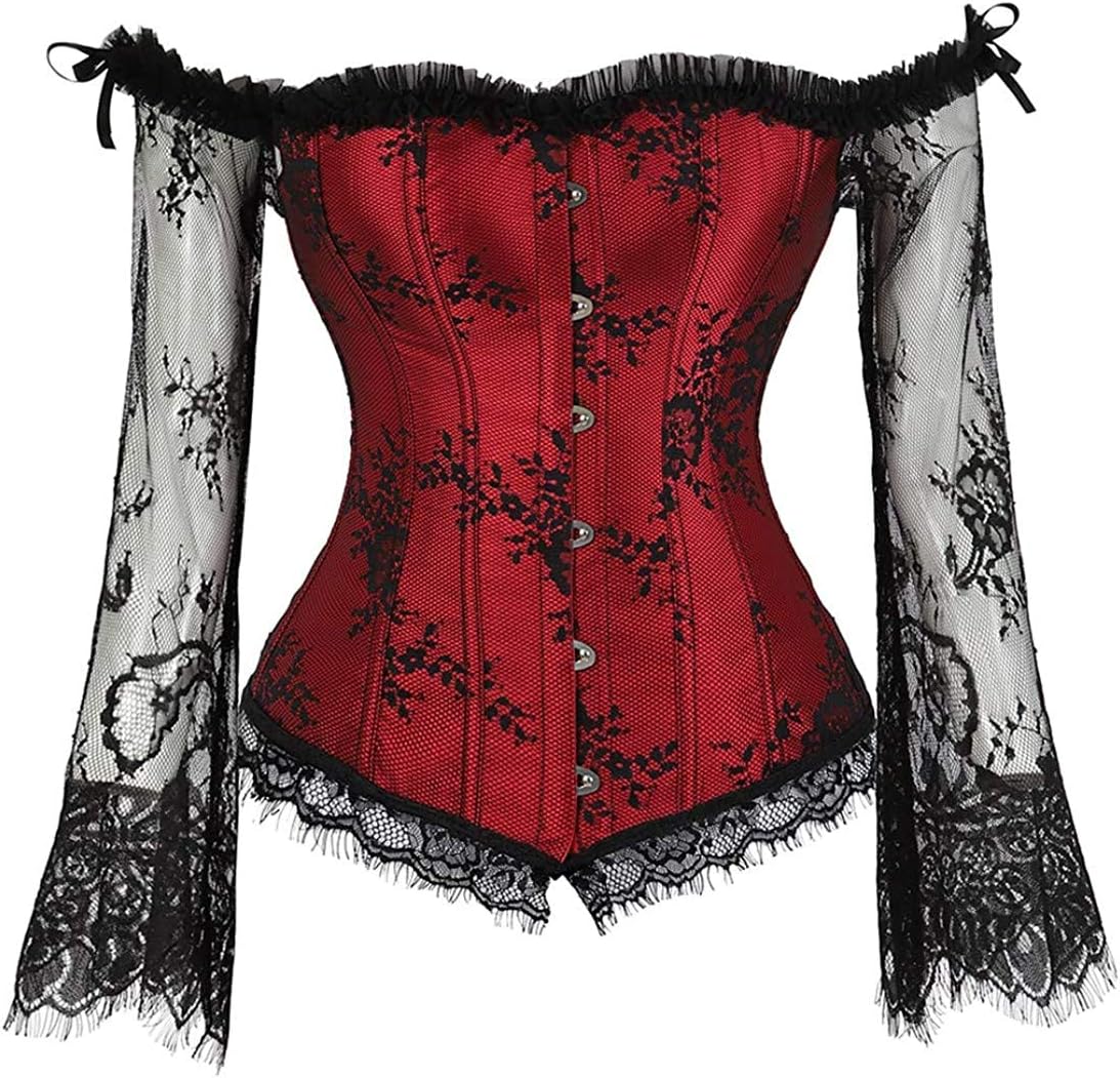 KSHUN Women's Corset Top Renaissance Princess Corset Lace Ruched Sleeves Elegant Overbust Top