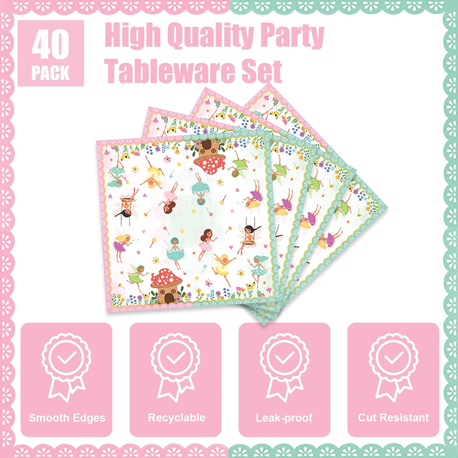40Pcs Fairy Birthday Party Decorations Pink Flower Baby Shower Paper Plates and Napkins Party Supplies Fairy First Birthday Decorations - Image 3