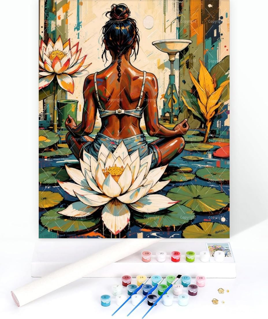 Sceorixa Yoga Meditation Woman Paint By Numbers Kit for Adults - DIY Lotus Pose Painting On Canvas 16X20 Inch, Acrylic Paint Set for Beginners, Relaxation Art for Home Or Gifts, Unframed