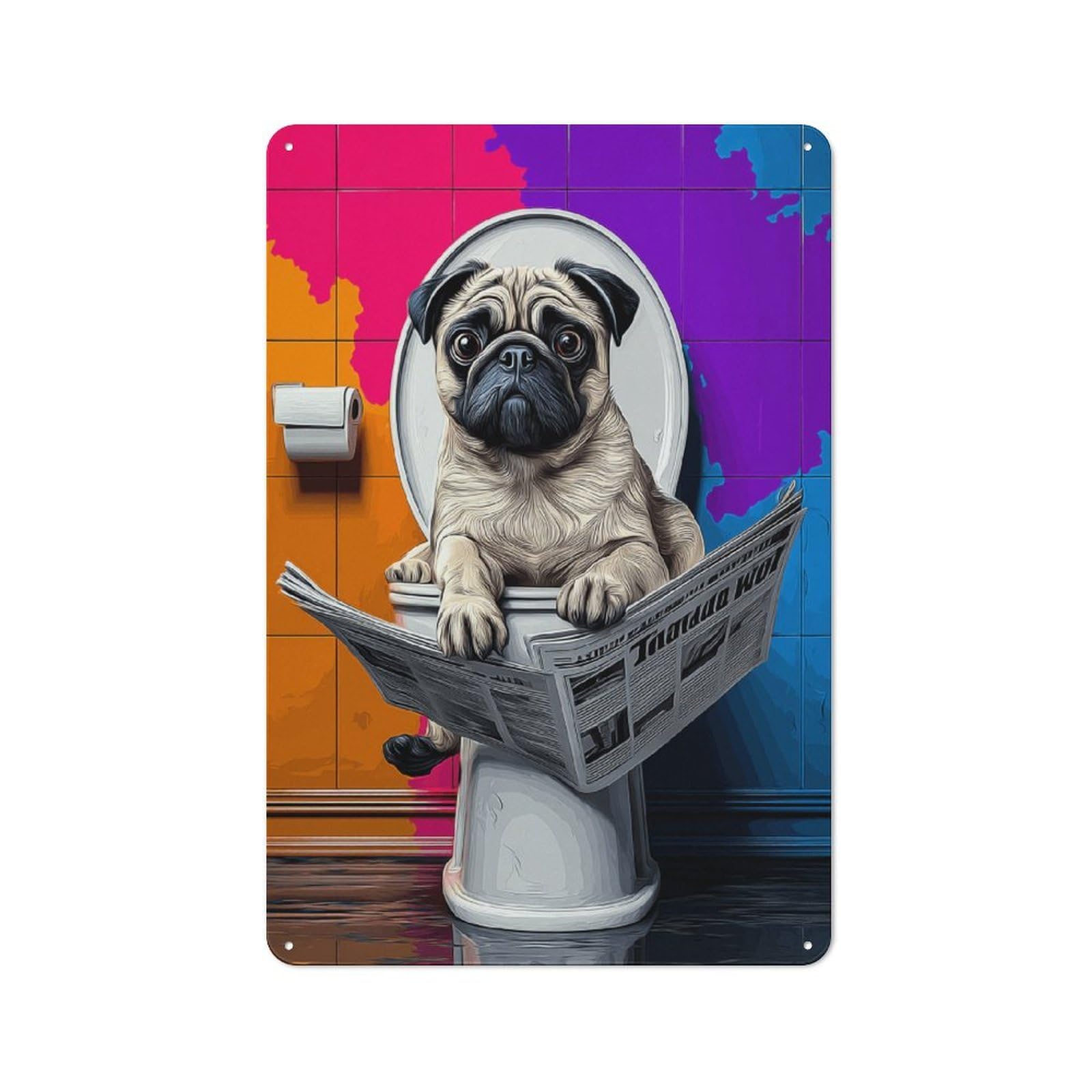 Junmoney Pug Reading Newspaper On Toilet -1 Metal Wall Sign 30X20cm Featuring For Hallway Wall, Suited To Wall Display Collectors