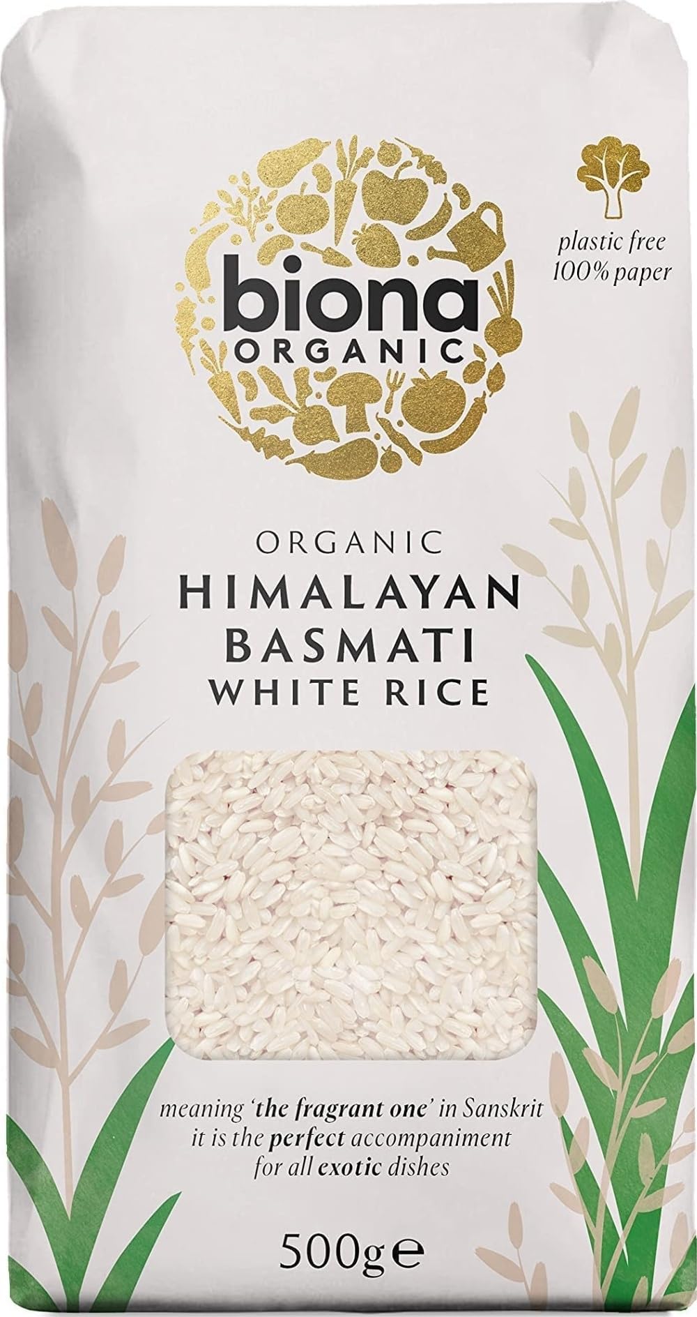 Biona Organic Himalayan Basmati Rice 500g - Long Grain White Rice - Ideal for Stir Frys, Salads & Currys - Non GMO, Vegan - Plastic Free, Recyclable Packaging