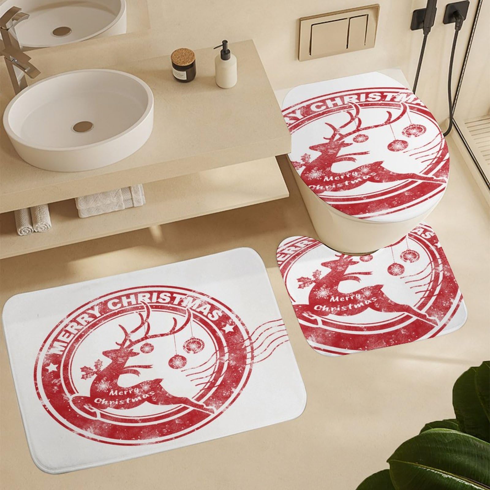 Colección navideña Baño de Cuatro Piezas Tappeto De Baño Absorbente Y Antideslizante, con Material De Diatomita, Ideal para Baños Modernos 183×183cm