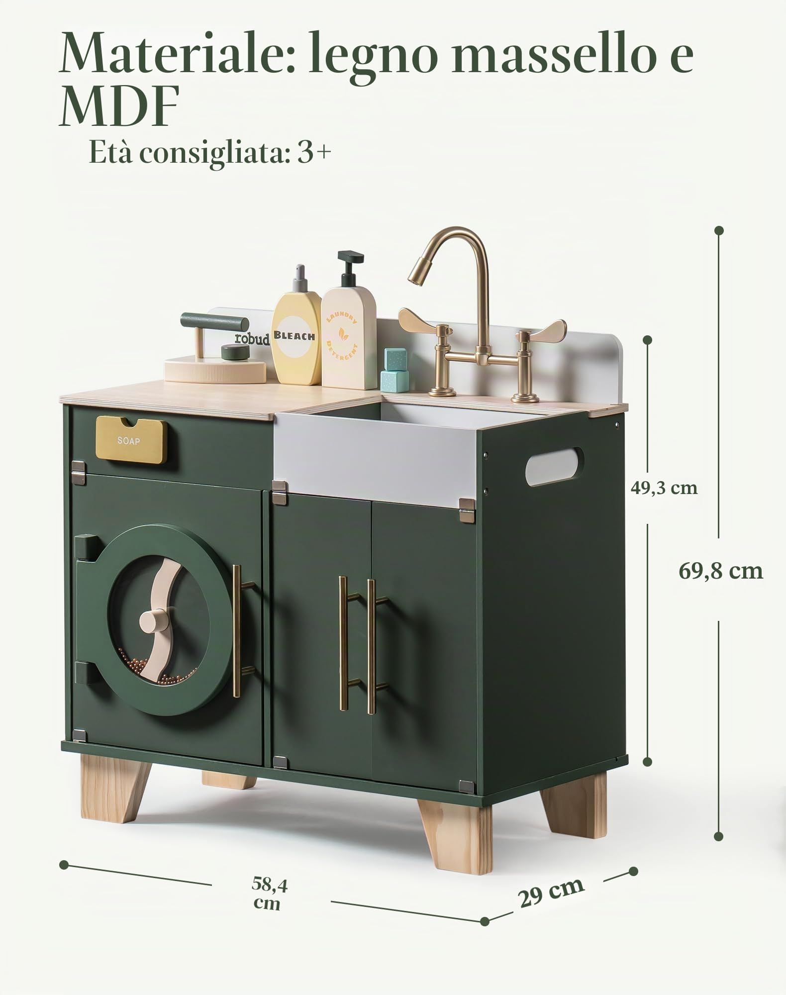 ROBUD Lavatrice Cucina Giocattolo Set, Accessori Cucina Giocattolo in Legno Gioco Lavatrice con Suono/Ferro, Giocattoli Realistici Legno Cucina per Bambini 3-8 Anni