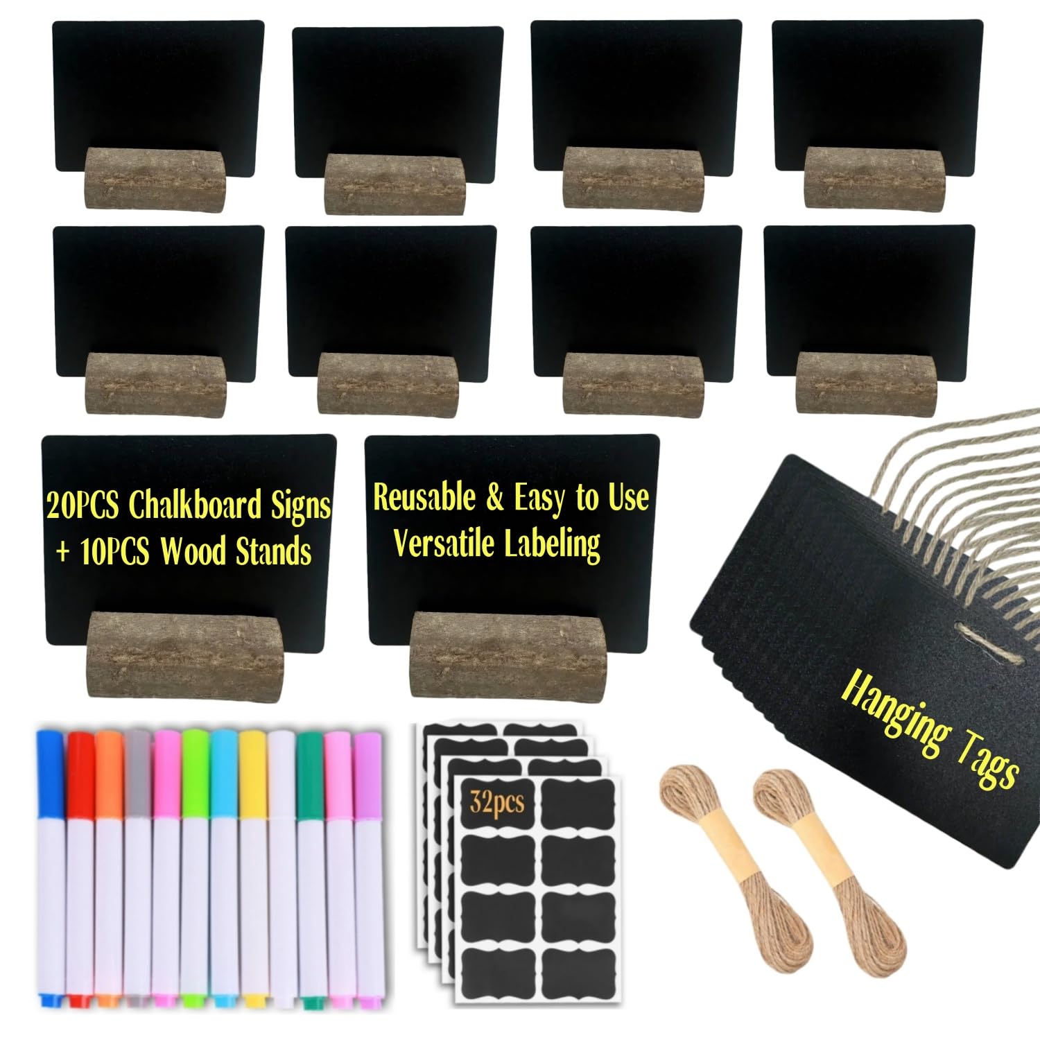 20 Pack Mini Chalkboard Signs for Food Buffet Table Reusable Catering Labels with 10 PCS Wooden Rustic Stands, Party Buffet Food Tags, Small Chalk