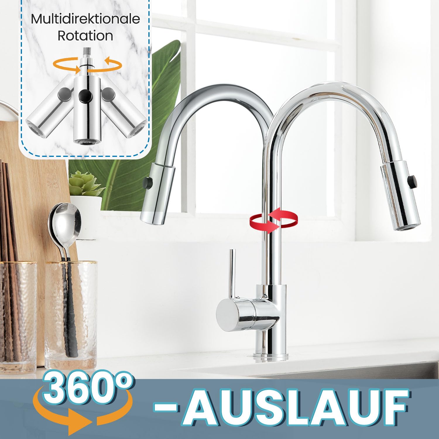 Grifo de cocina extensible de baja presión, giratorio 360°, grifo con 3 conexiones para caldera, grifo mezclador de arco alto con 2 modos de ducha, acero inoxidable