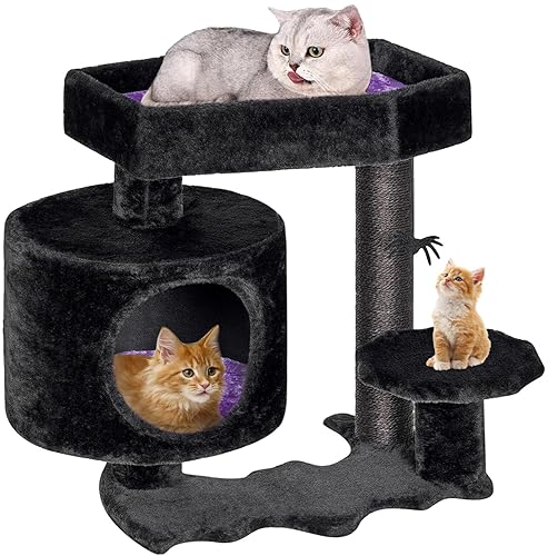 BEWISHOME Cat Tree Tower, Gothic Cat Condo with Coffin Bed, Halloween Cat House with Scratching Posts, Shelves for Kittens, Spider Toy, Purple and Black Small MMJ93Z - Black and Purple