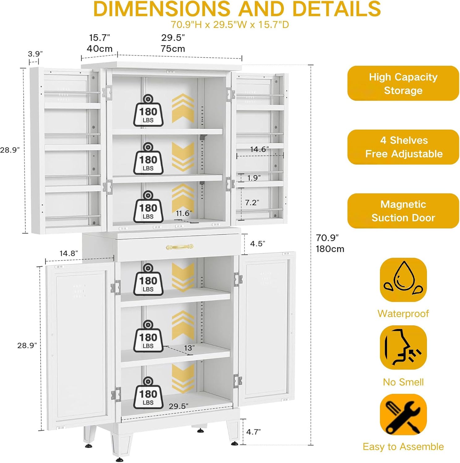 DWVO Metal Storage Cabinet, 71" Kitchen Pantry Cabinet with 4 Door & 4 Adjustable Shelves & Drawer & Door Rack, 6-Tier Tall White Steel Cabinets for Kitchen, Living Room, Dining Room