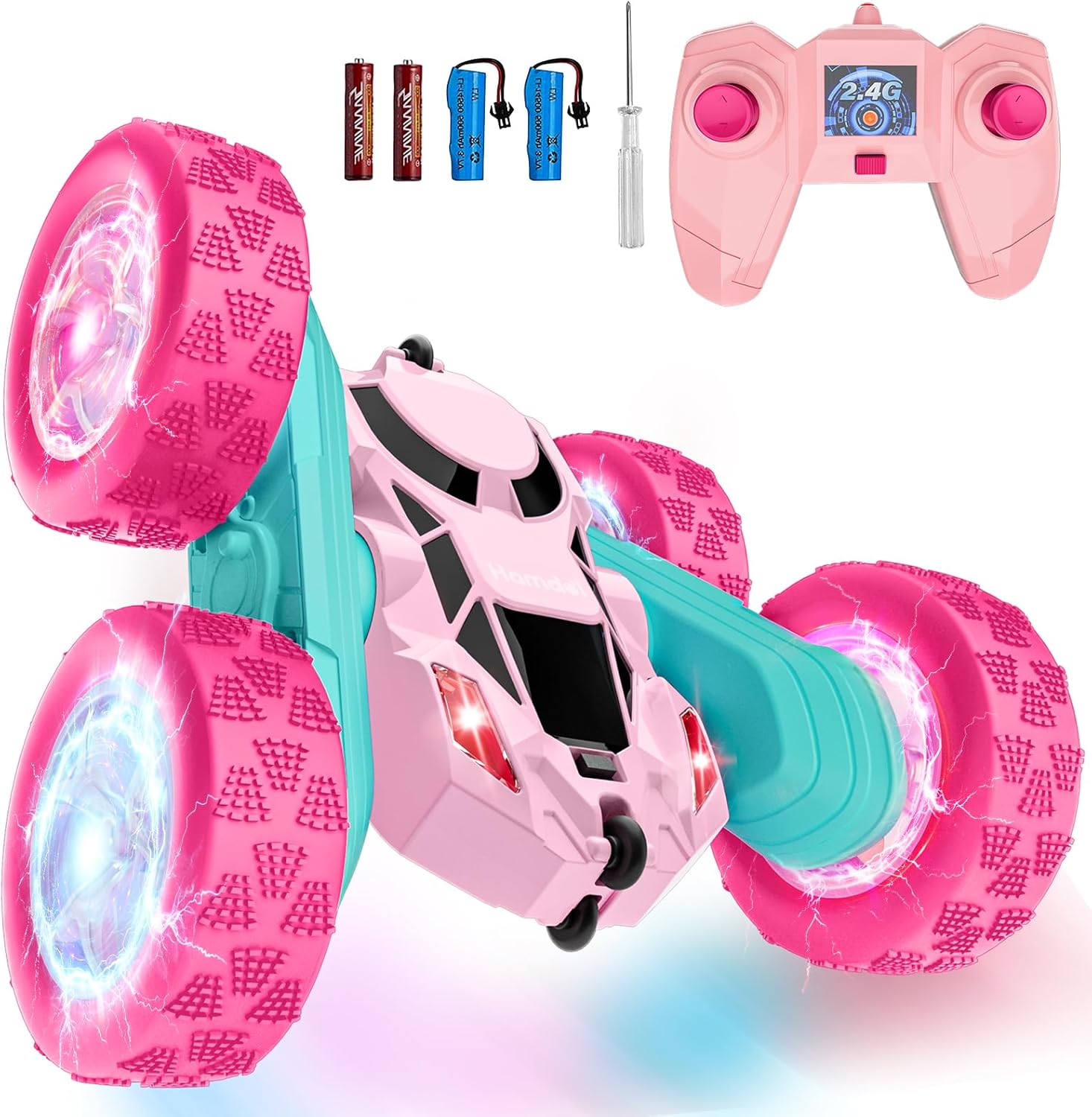 Pink Remote Control Car for Girls, Double Sided with Shining Headlights & Wheel Lights, Girl Princess Toys, Rechargeable Toy Car for 6-7 6-8 9 10-12 Year Old Girls Birthday, Valentines Gift