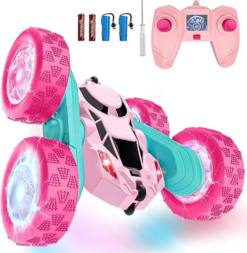 Coche de control remoto rosa para niñas, doble cara con faros brillantes y luces de rueda, juguetes de princesa para niñas, auto de juguete