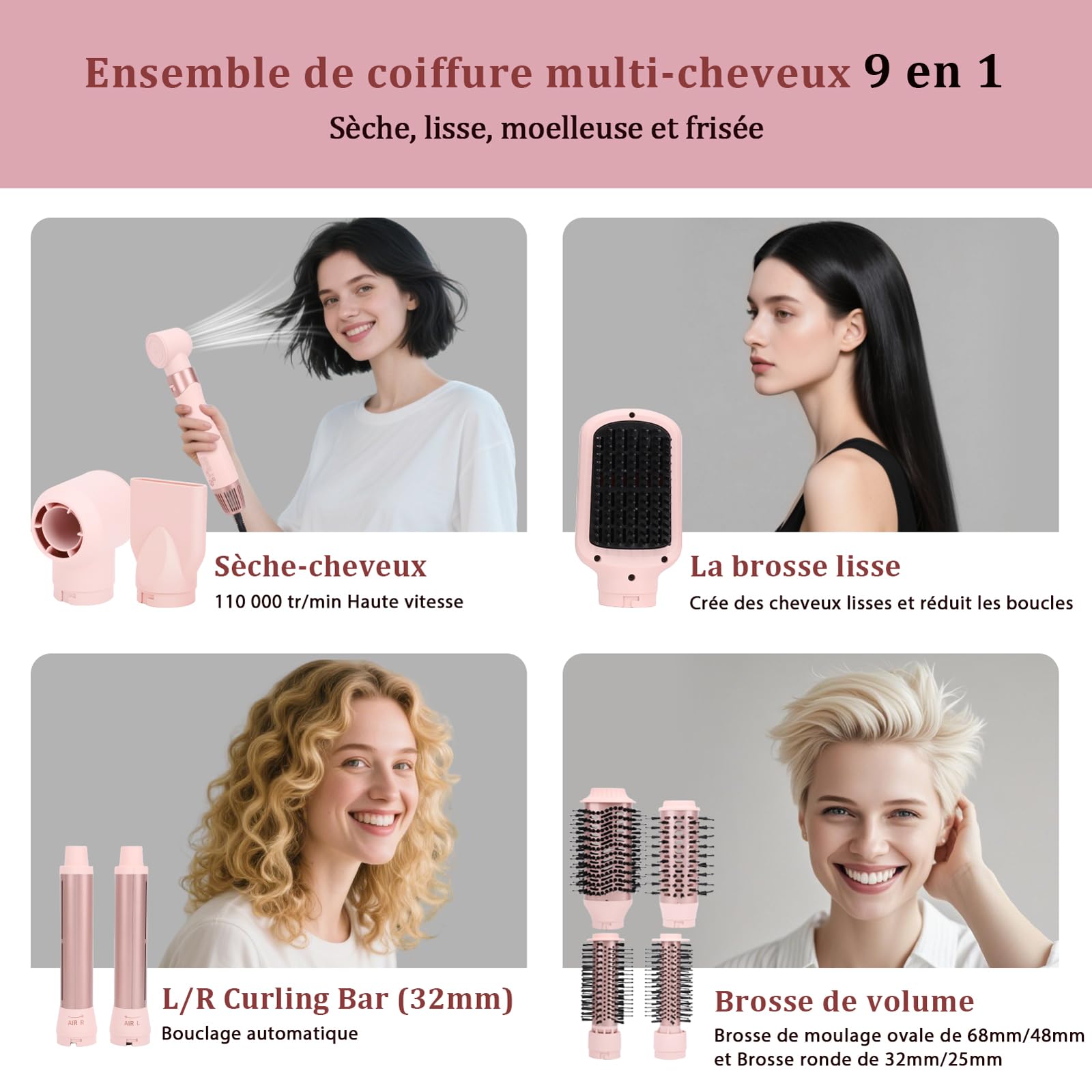 Sonew 9-en-1 Multi Hairstyler & Airstyler, 110 000 tr/min, Styler à Ions avec Sèche-Cheveux, Boucleur Automatique de 32 mm, Brosse Soufflante de 68 mm/48 mm/32 mm/25 mm, Brosse Lisseuse