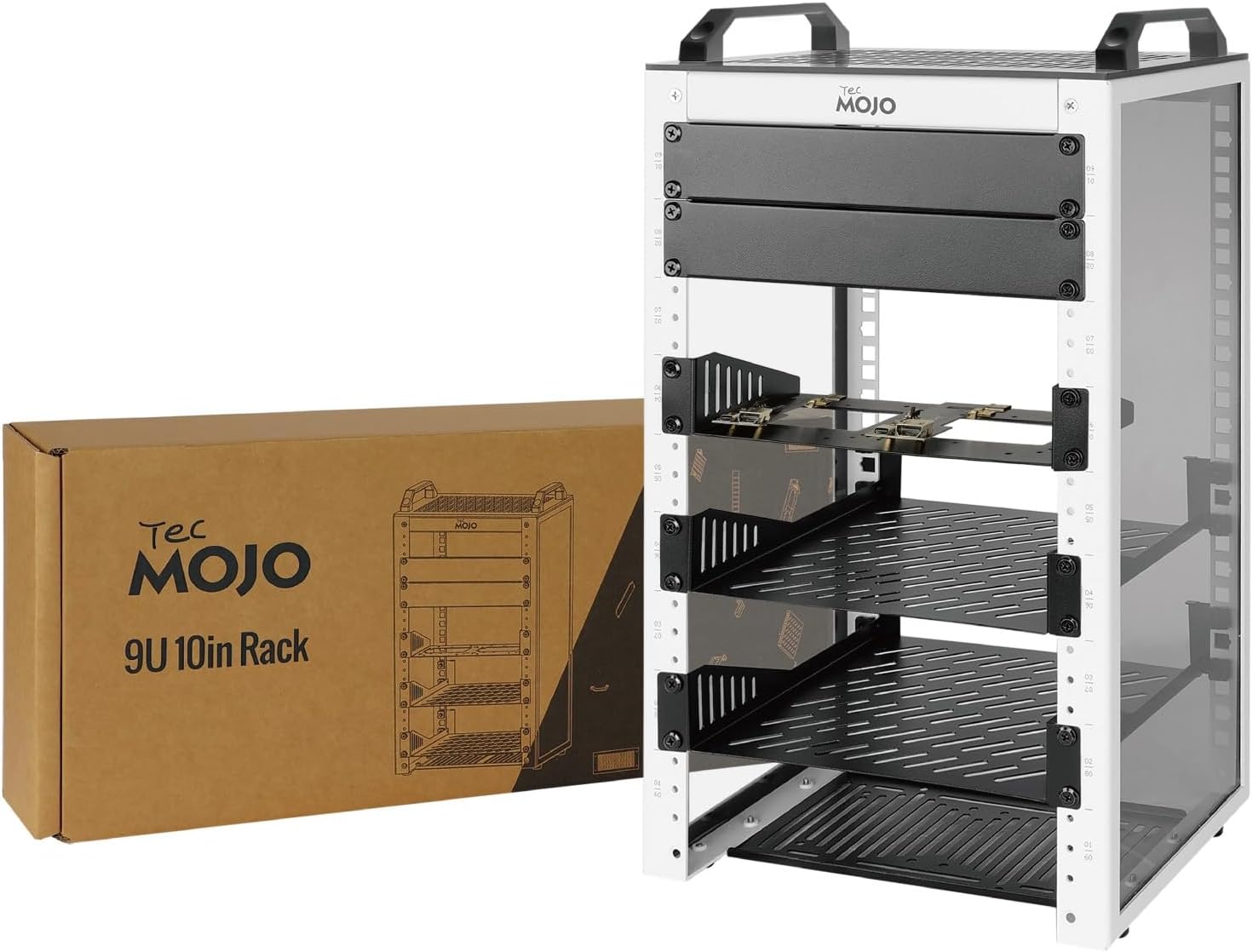 Tecmojo 9U Network Rack, 10 inch Mini Server Rack with 2 Side Translucent Panels & 2 Top Handles, 7.87 inch Deep, for 10 inch IT Equipment & A/V Devices, White