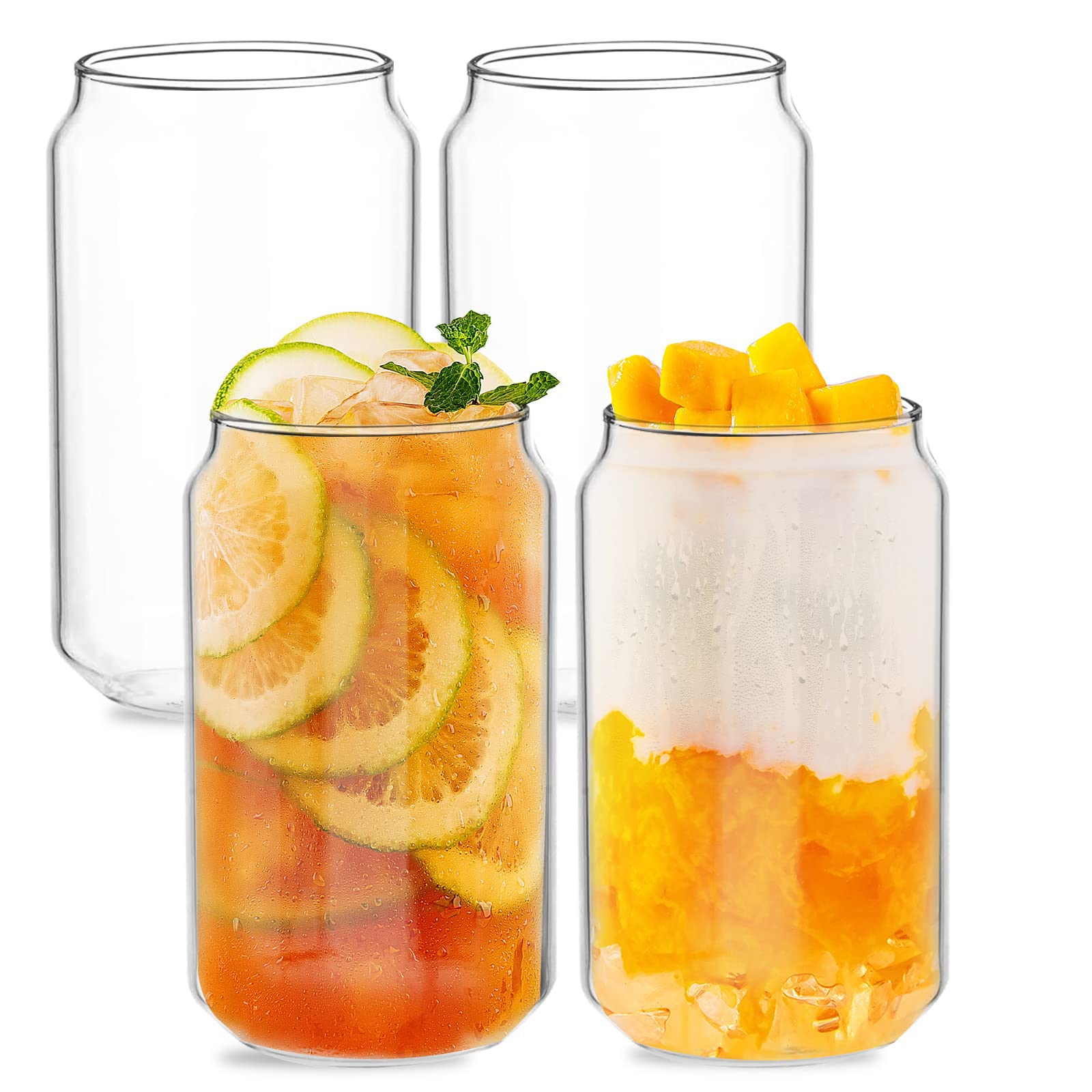 KASTWAVE Drinking Glasses 4pc Set - 390ml Can Shaped Clear Glass Cups, Elegant Set, Tumbler Cup, Iced Coffee Glasses, Iced Tea Glasses, Water Glasses, Party Drinkware (4PCS*390ml)