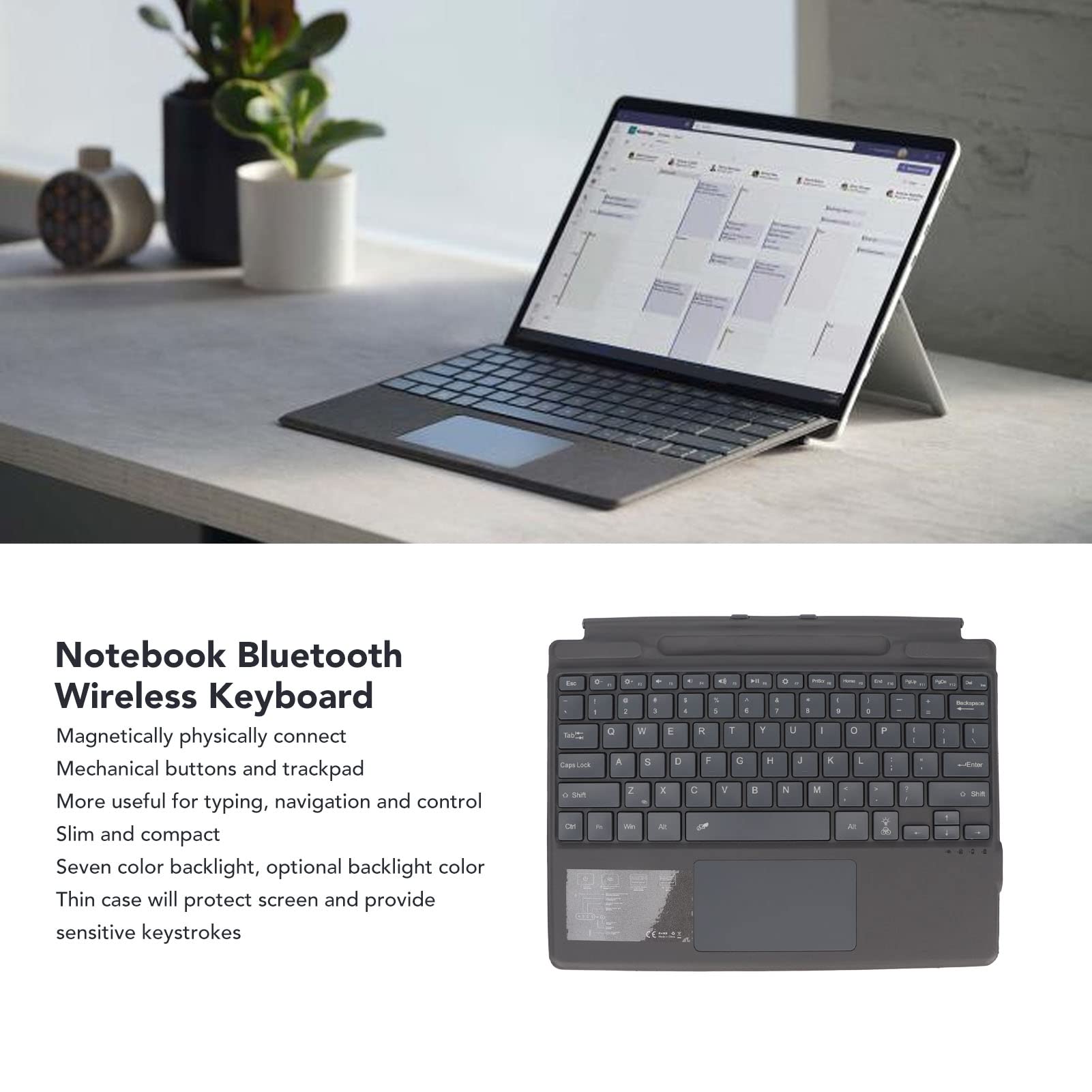 Tastiera Wireless Ultra Slim Notebook, connettività Bluetooth, con Trackpad di Grandi Dimensioni, Retroilluminazione Colorata, Adatto per Pro 8 X, Fino a 10 M di Distanza