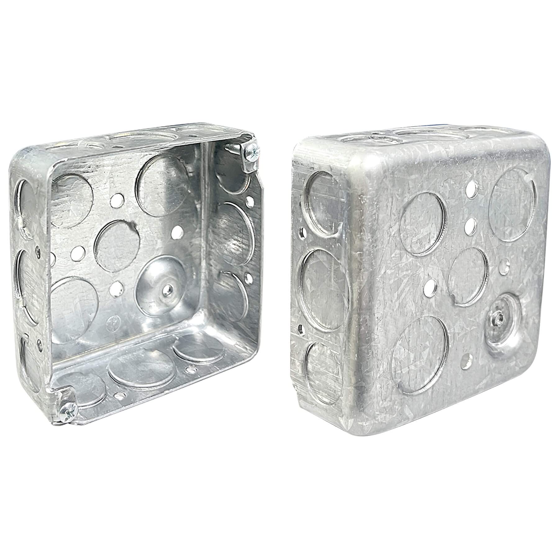 Bueyfolt 2 Packs 4" Square Electrical Box, Ten 1/2", Six 3/4" Knockouts,Suitable for Kitchen/Living Room,Round Raised Ground,Galvanized Steel Drawn Construction