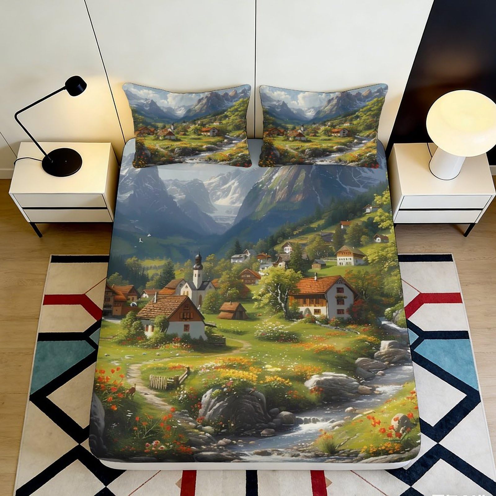 3D Printed Alpine Village Landscape Fitted Sheet Microfiber Scenic Mountain River Bed Cover for Bedroom Guest Room Decor 90x200x25cm