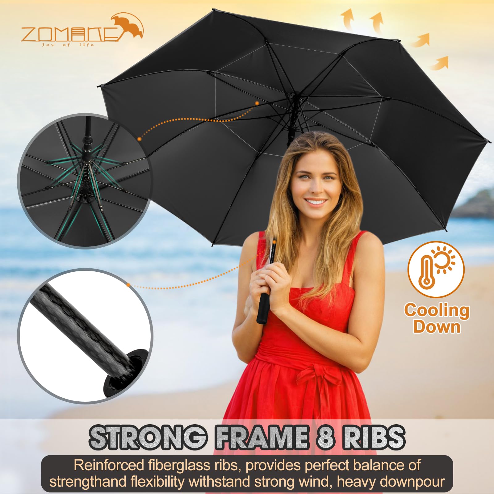 ZOMAKE Paraguas Golf Grande XXL 68/62 pulgadas UV Antiviento Doble Cubierta Mango Madera