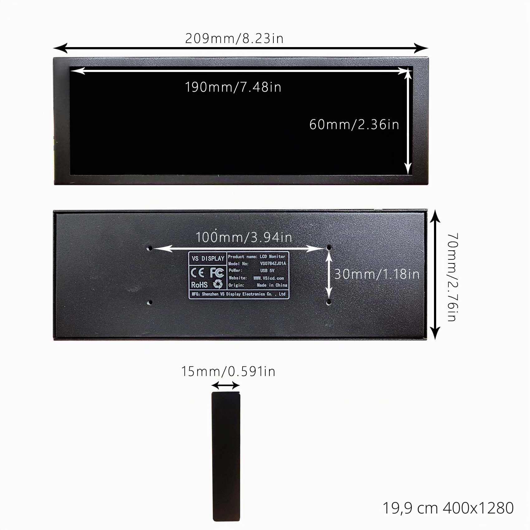 VSDISPLAY Mini Monitor IPS de 7.84 Pulgadas 1280 x 400 Pantalla LCD | como PC/computadora/Velocidad de Temperatura CPU GPU Pantalla Secundaria