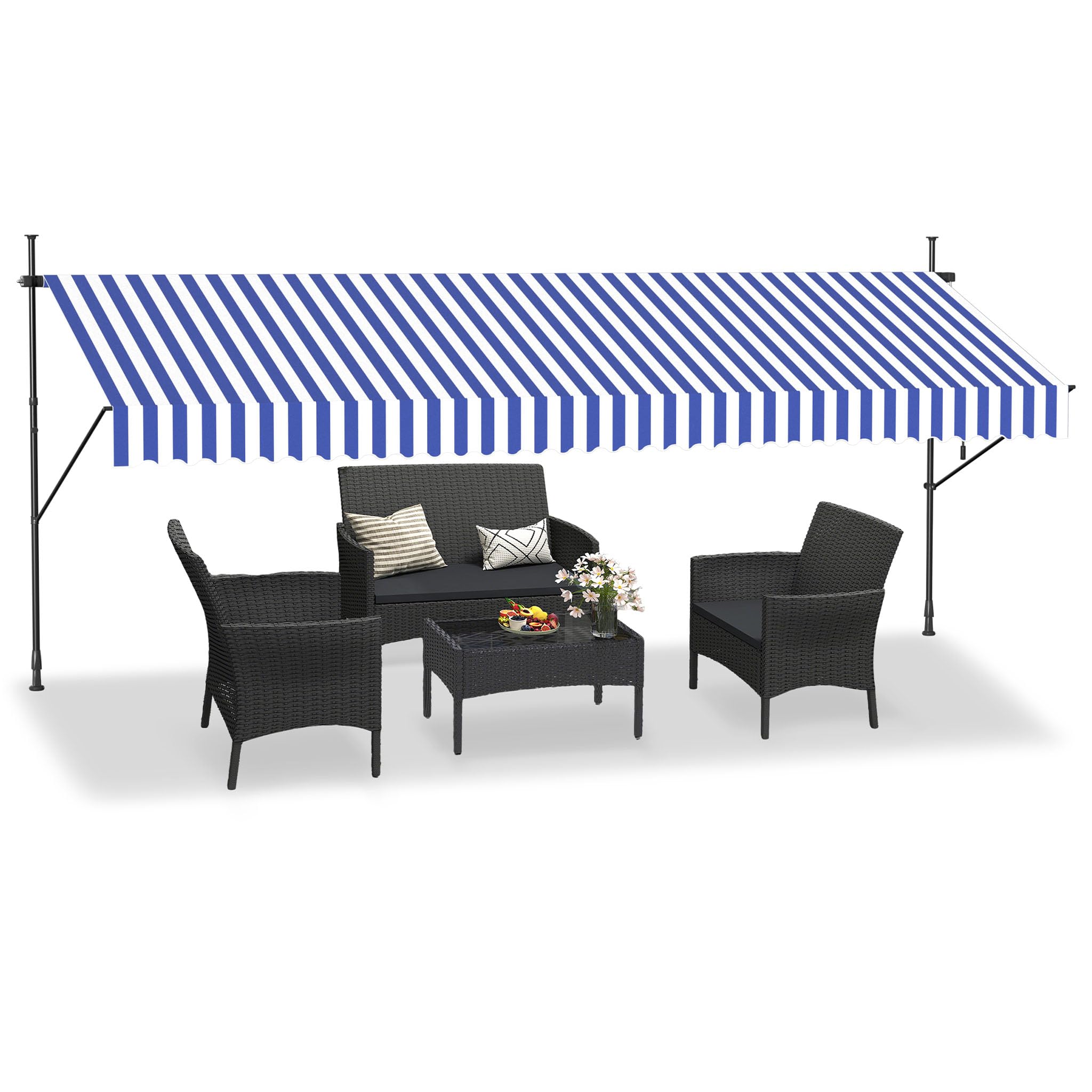 HENGMEI Telescopic Awning 400 x 120cm Retractable Clamp-On Balcony Awning with Hand Crank, No-Drill UV Protection Sun Shade Canopy for Patio, Garden Terrace Shelter Adjustable, Blue and White Stripes